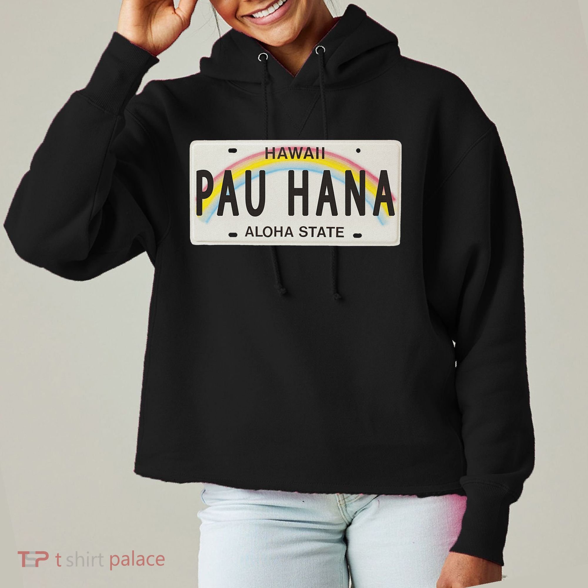 Pau Hana Hawaii License Plate Ladies Heavyweight Boxy Pullover Hoodie
