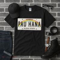 Pau Hana Hawaii License Plate Tall T-Shirt thumb 3