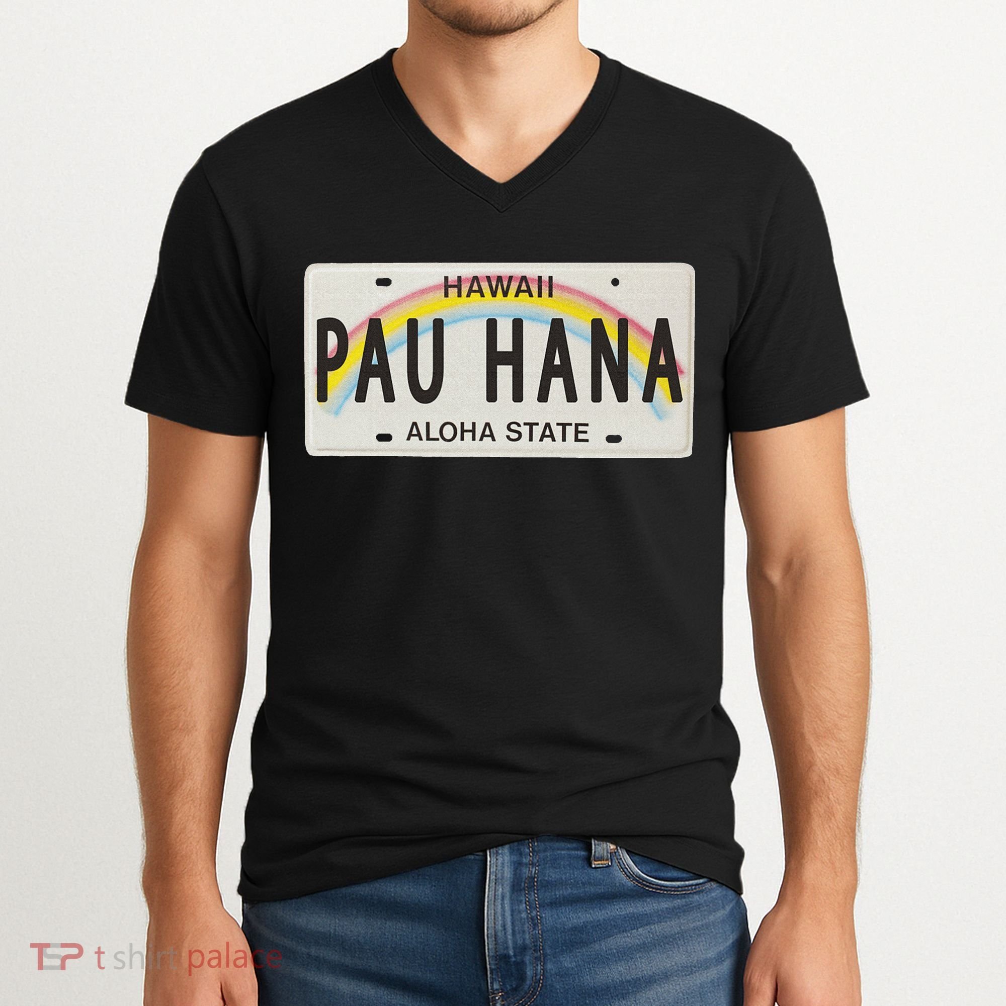 Pau Hana Hawaii License Plate V-Neck T-Shirt