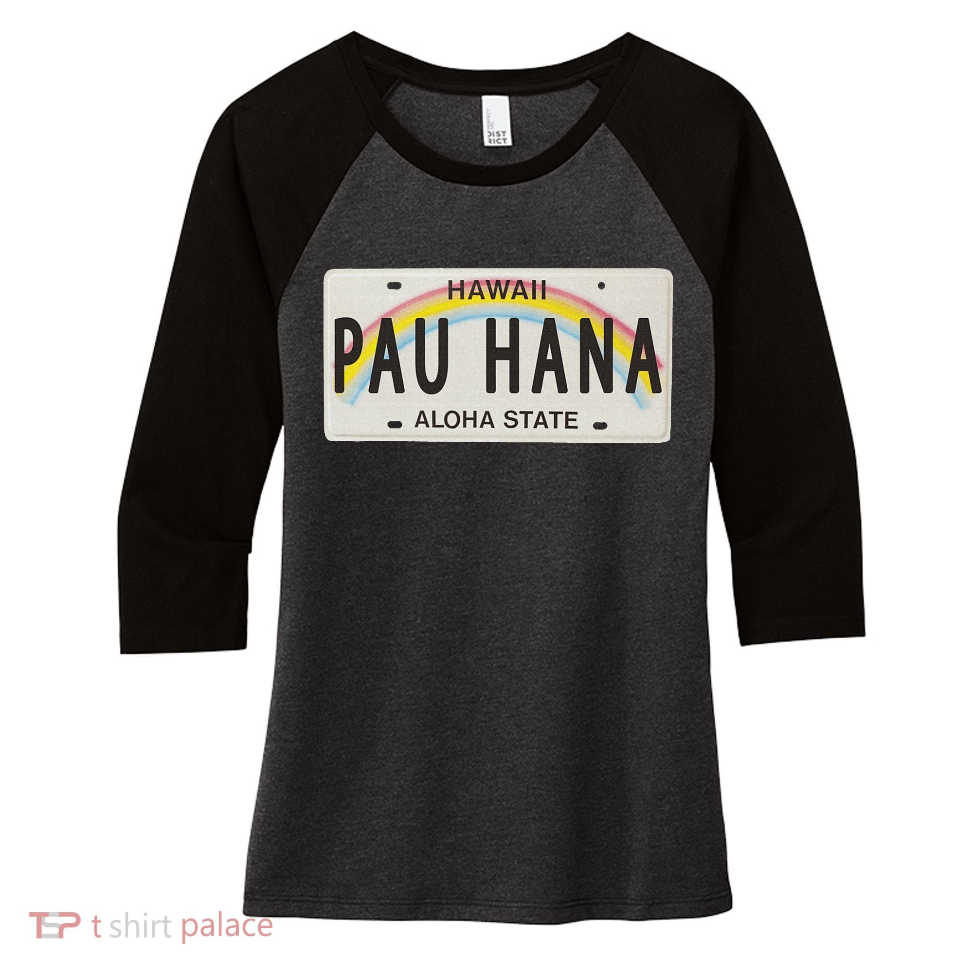 Pau Hana Hawaii License Plate Women's Tri-Blend 3/4-Sleeve Raglan Shirt