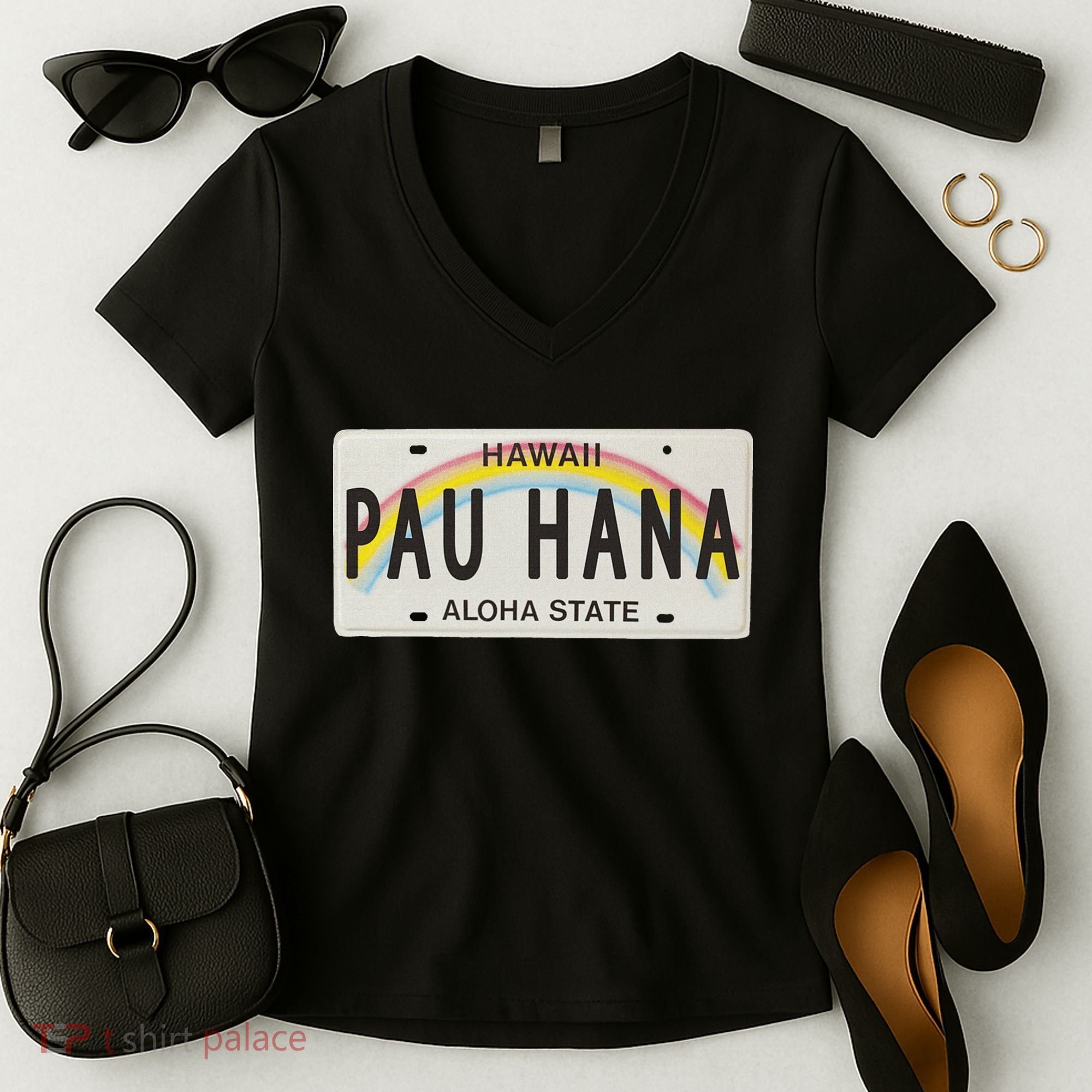 Pau Hana Hawaii License Plate Women's V-Neck T-Shirt