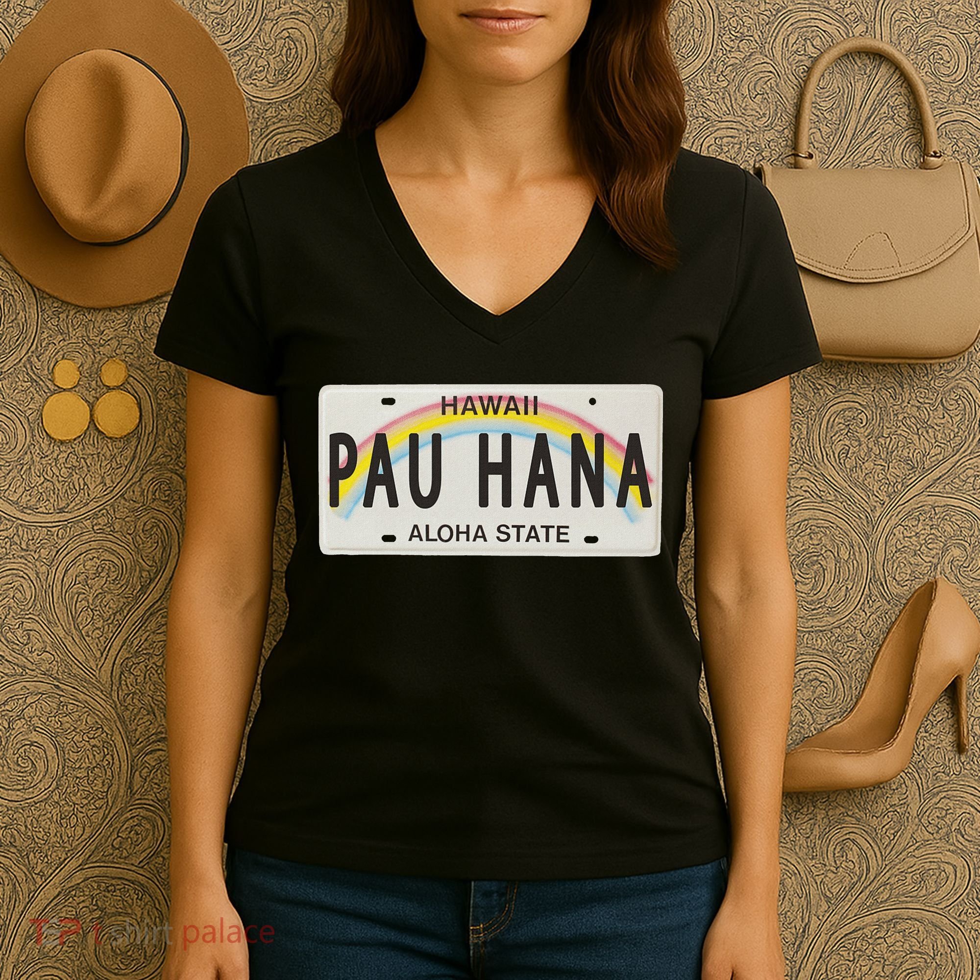 Pau Hana Hawaii License Plate Women's V-Neck T-Shirt