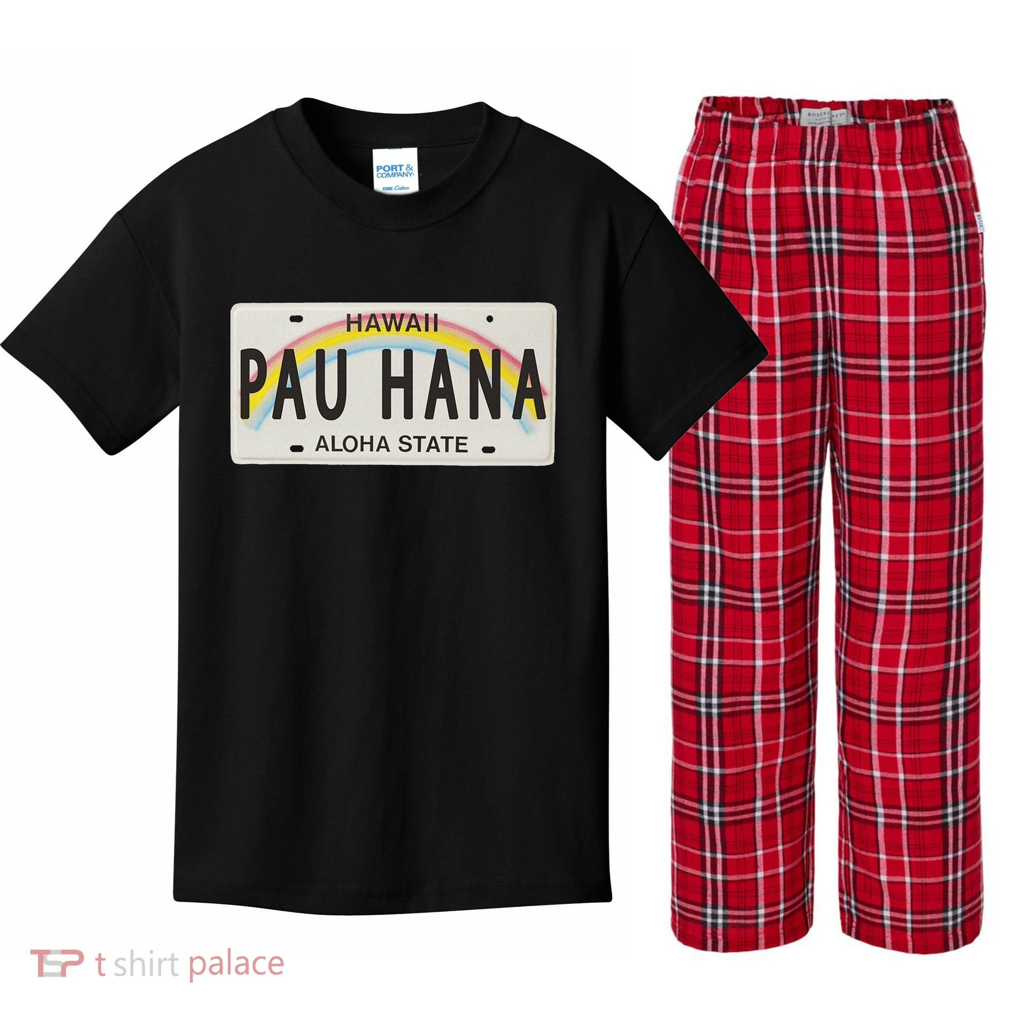 Pau Hana Hawaii License Plate Kids Plaid Pajama Set