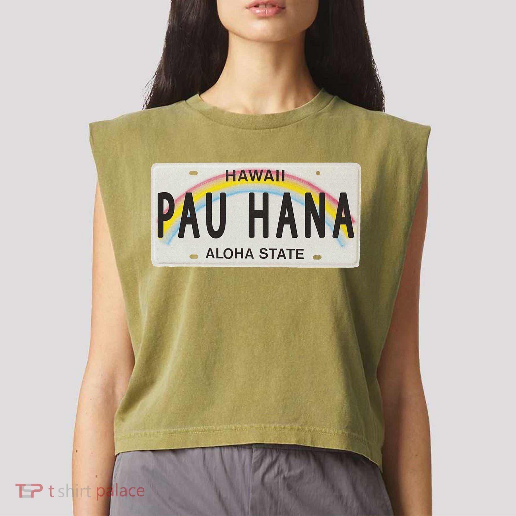 Pau Hana Hawaii License Plate Garment-Dyed Women's Muscle Tee