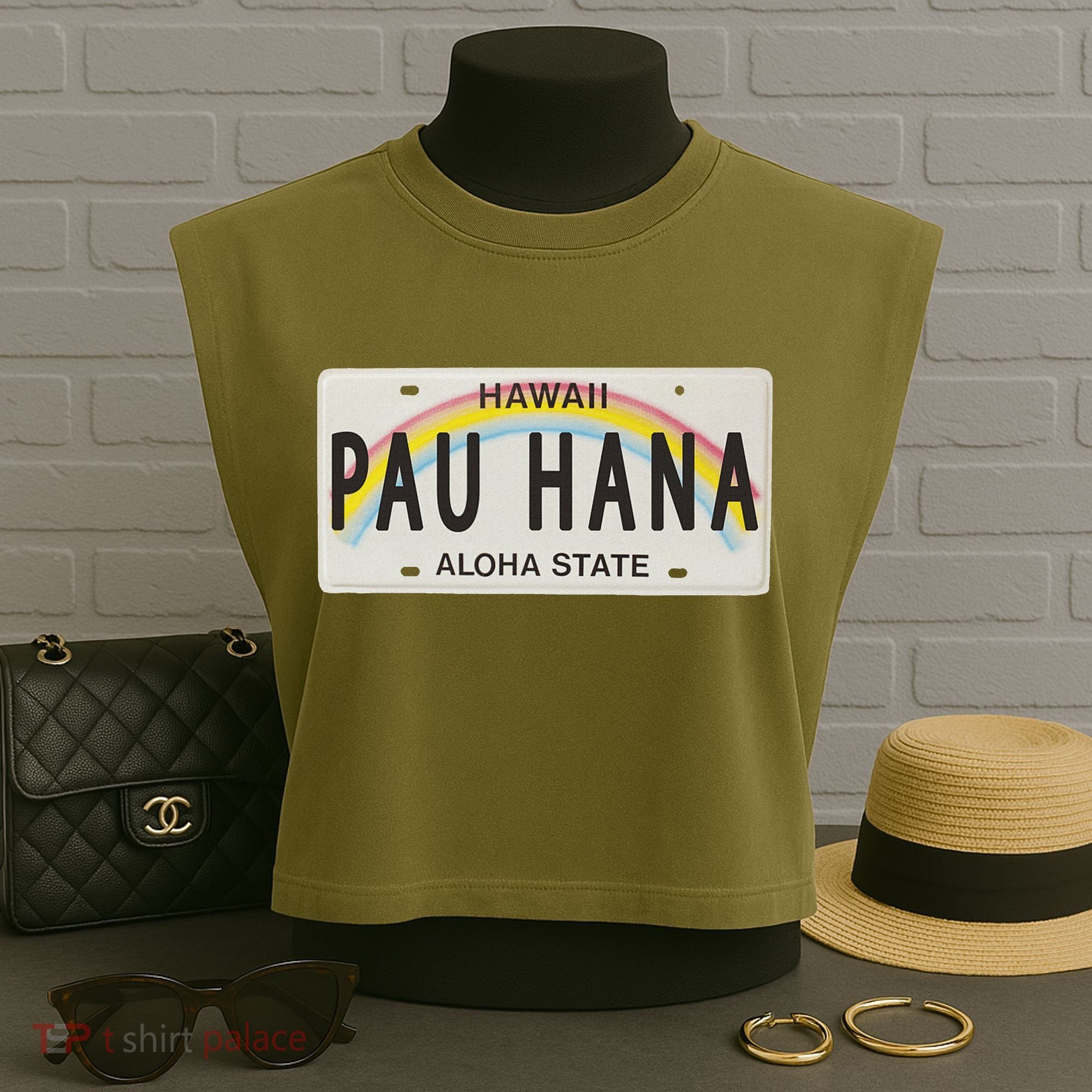 Pau Hana Hawaii License Plate Garment-Dyed Women's Muscle Tee