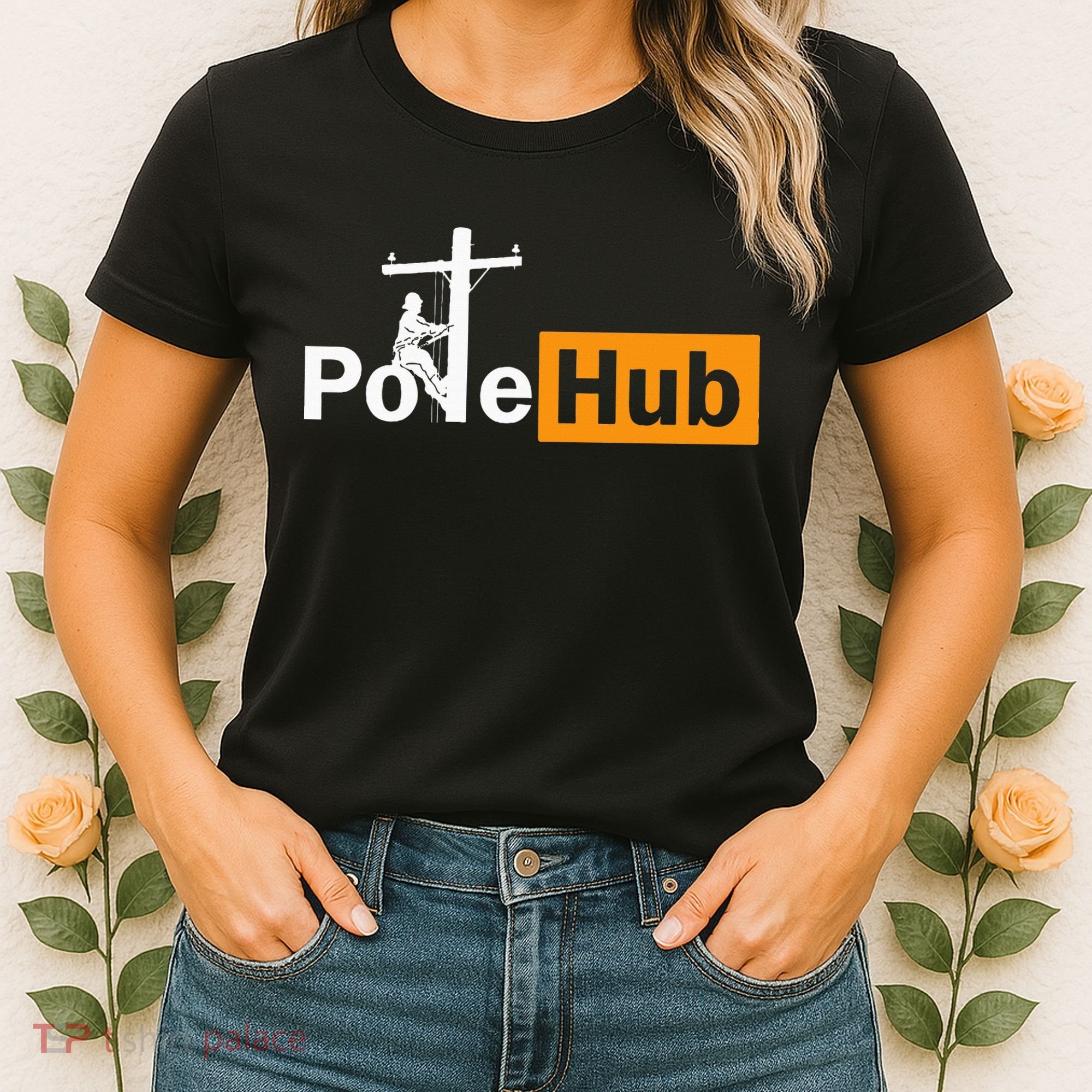 Pole Hub Lineman Line Worker Utility Pole Funny Lineman Fun Women's T-Shirt