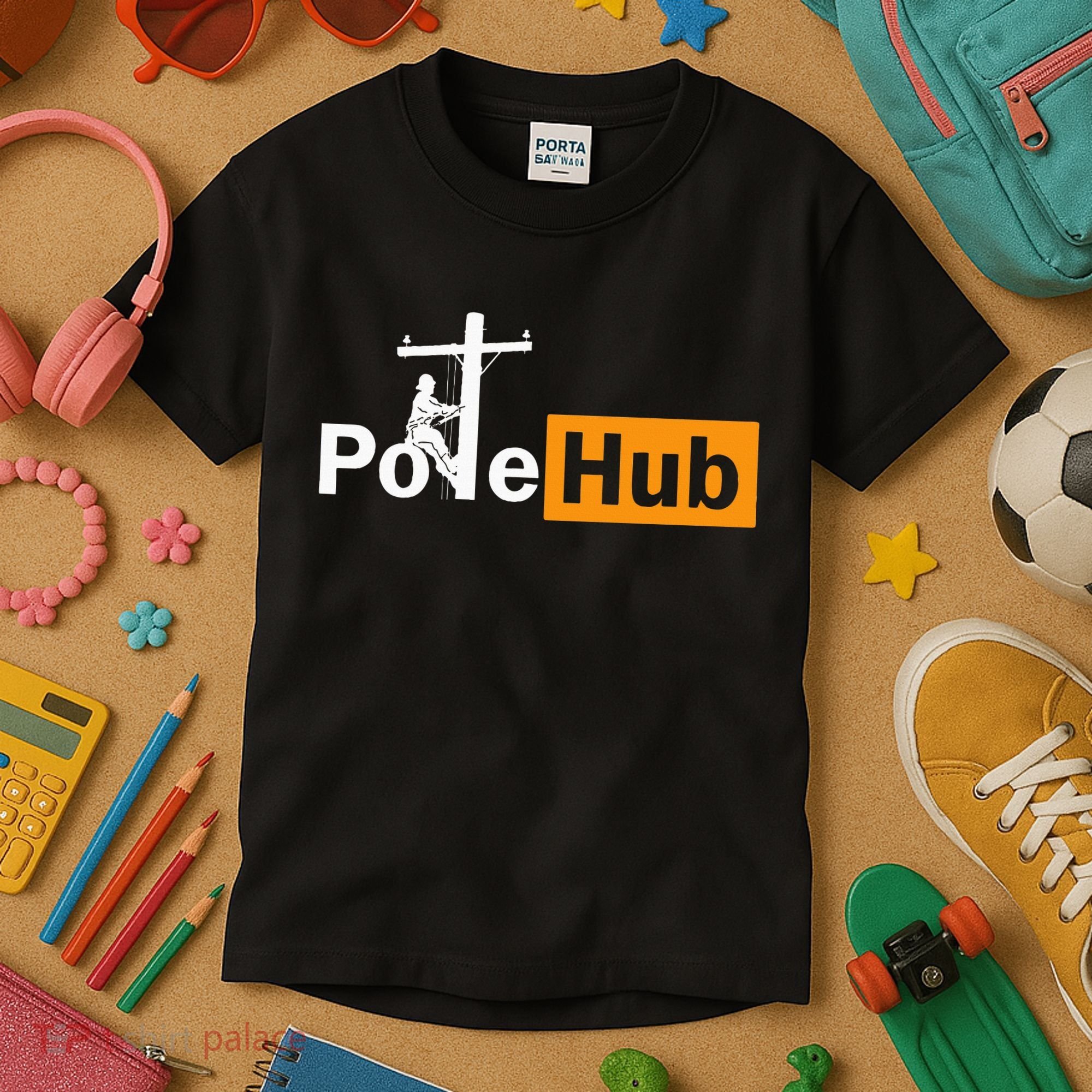 Pole Hub Lineman Line Worker Utility Pole Funny Lineman Fun Kids T-Shirt