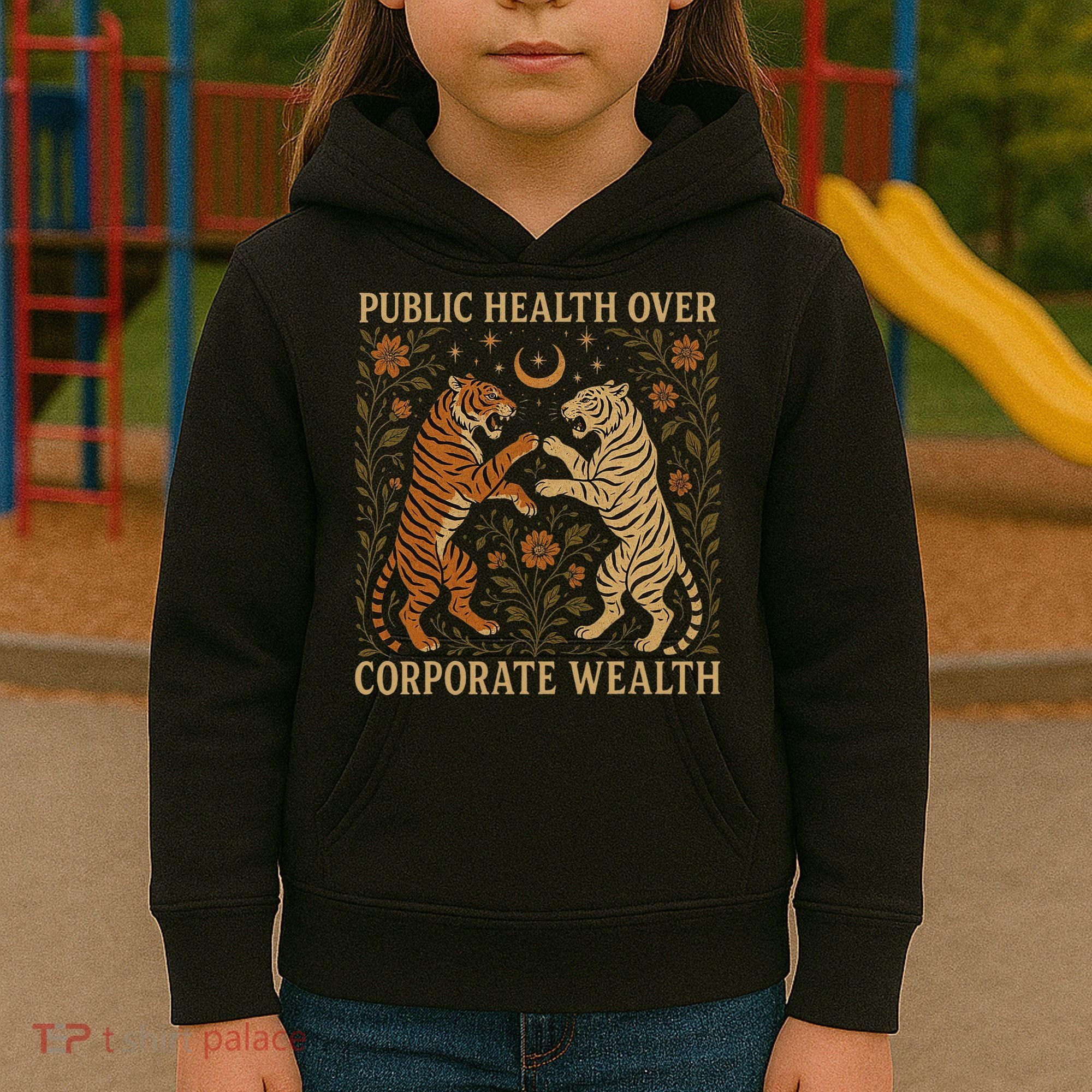 Public Health Over Corporate Wealth Tiger Boho Kids Hoodie