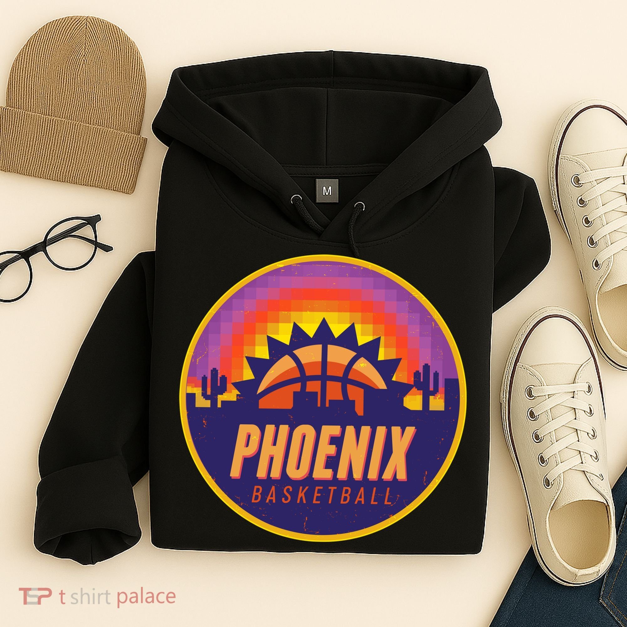 Phoenix Basketball Retro Logo Pixel Sunset Hoodie