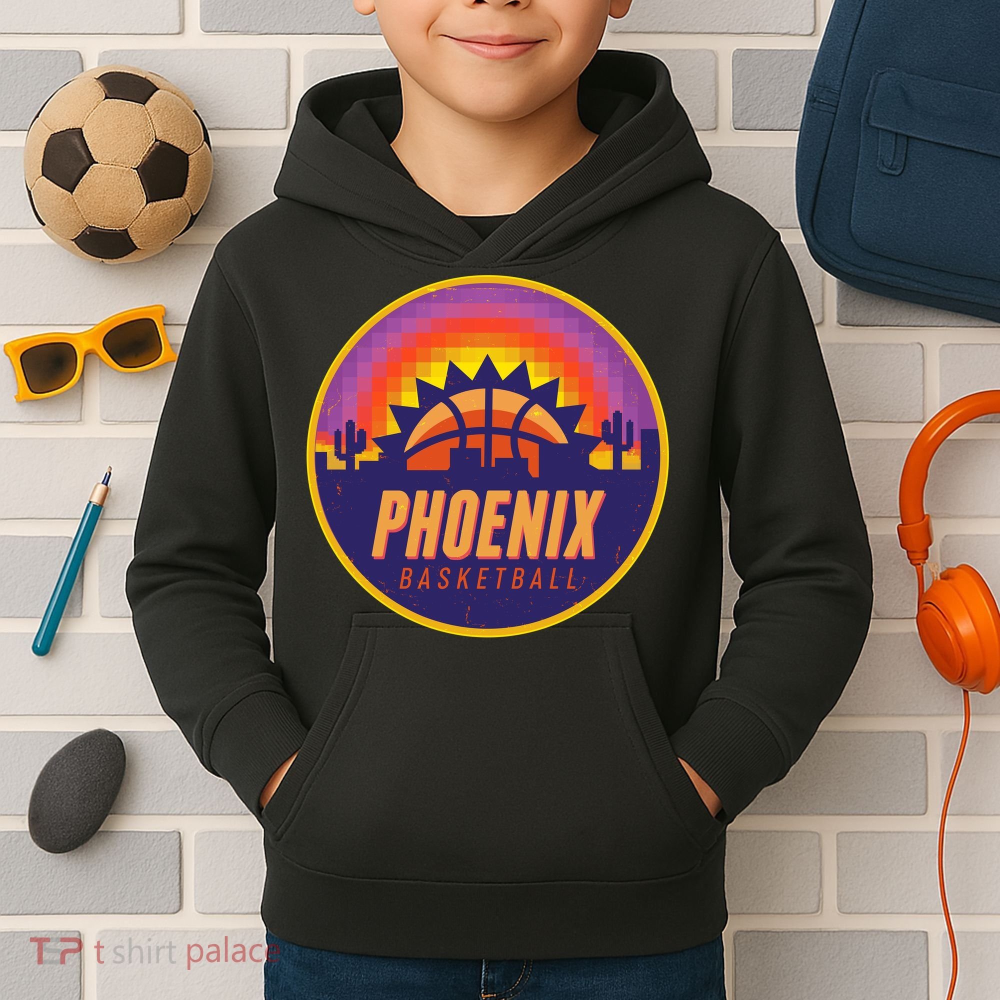 Phoenix Basketball Retro Logo Pixel Sunset Kids Hoodie