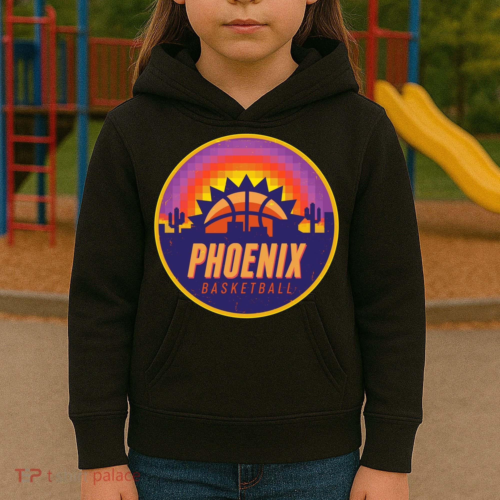 Phoenix Basketball Retro Logo Pixel Sunset Kids Hoodie
