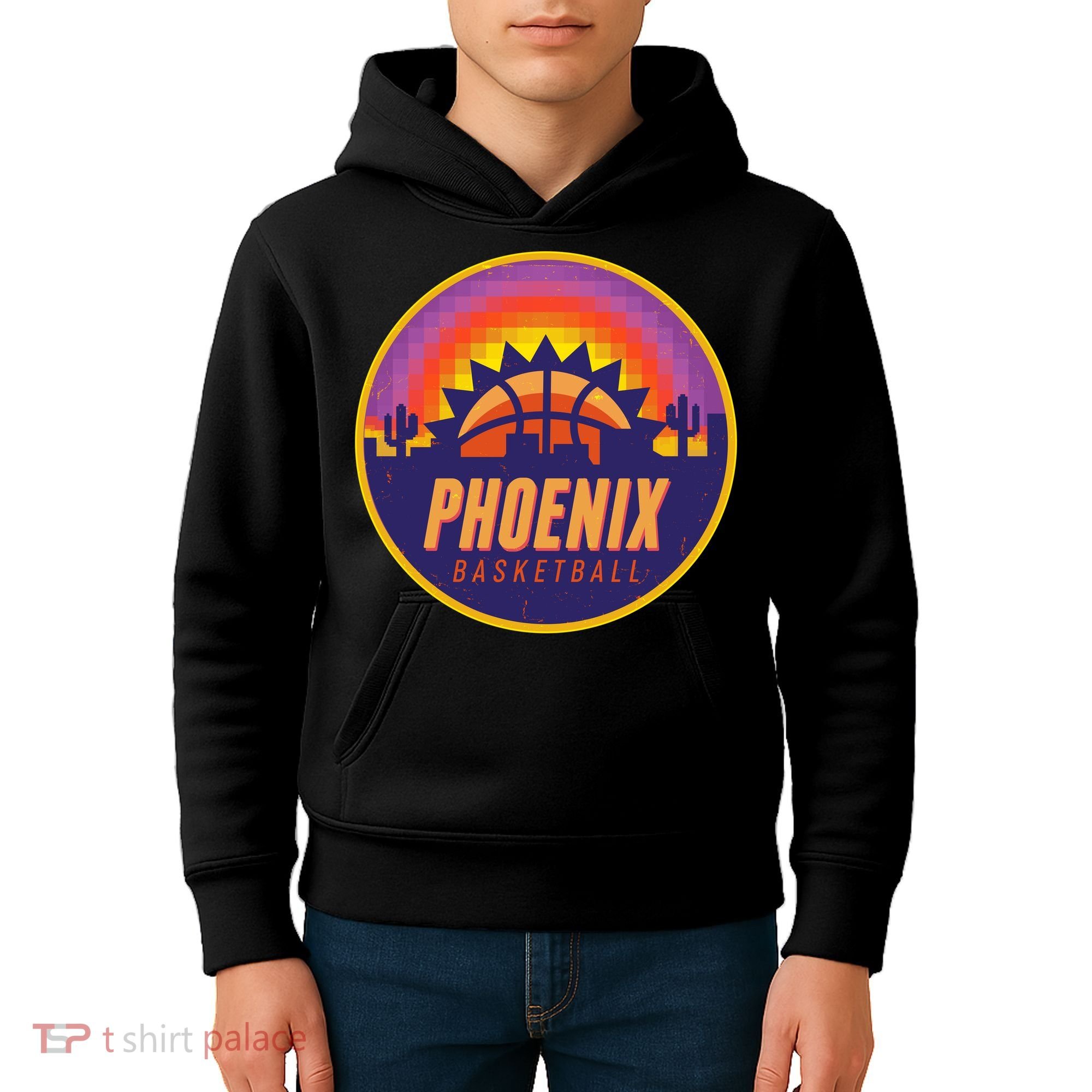 Phoenix Basketball Retro Logo Pixel Sunset Kids Hoodie