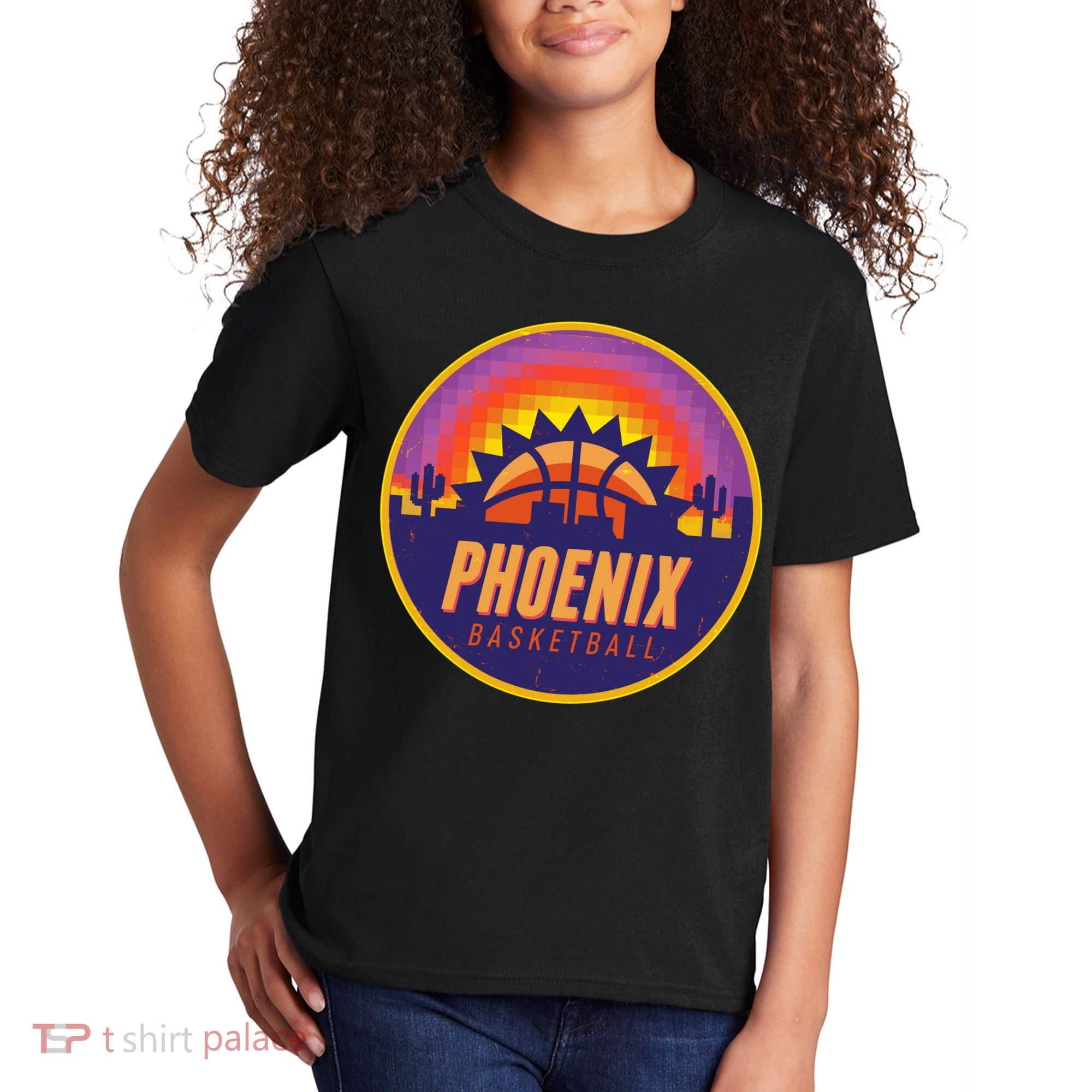 Phoenix Basketball Retro Logo Pixel Sunset Kids T-Shirt
