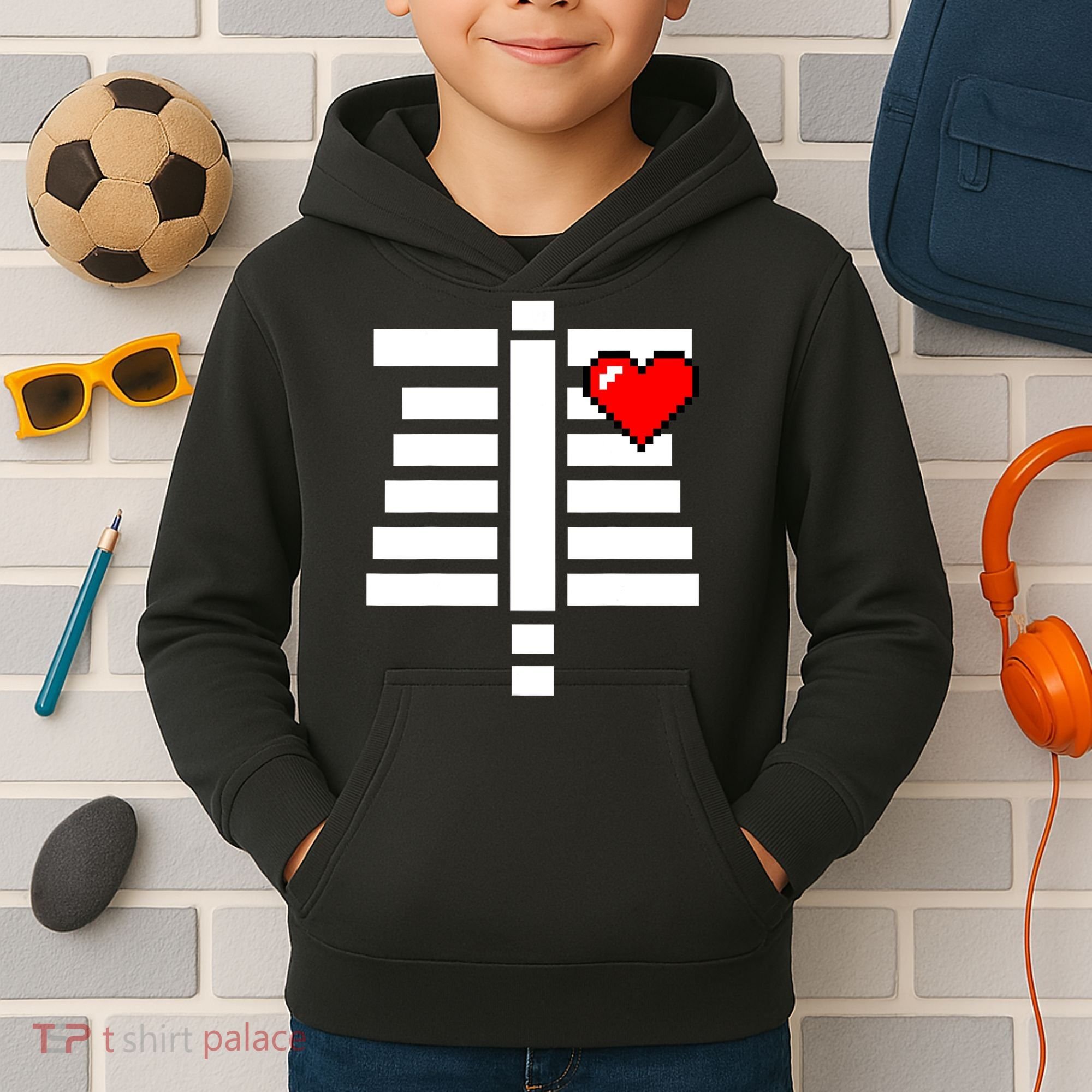 Pixelated Heart Pixel Skeleton Costume Halloween Gaming Kids Hoodie