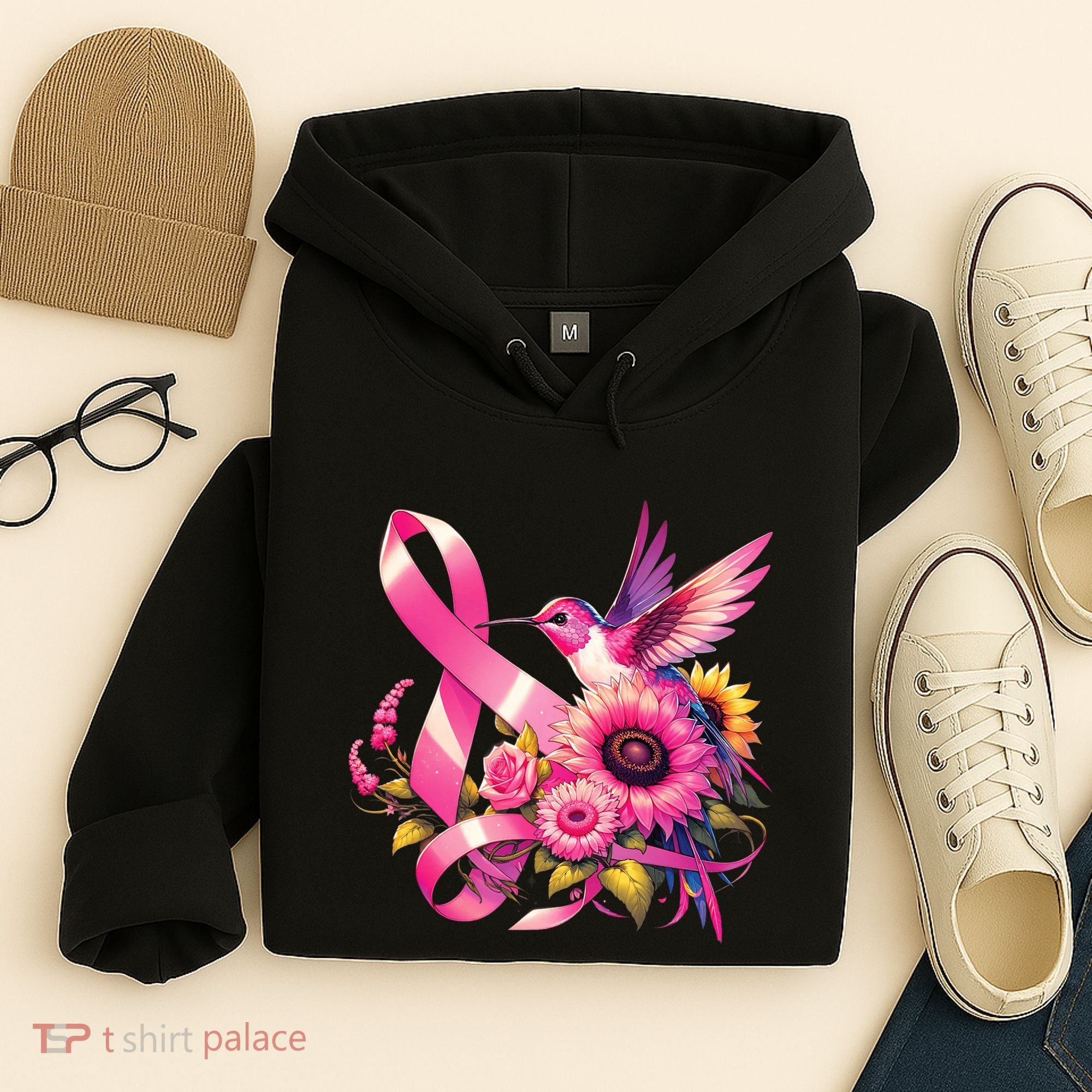 Pink_ Hummingbird Sunflower Breast Cancer Awareness Support Hoodie