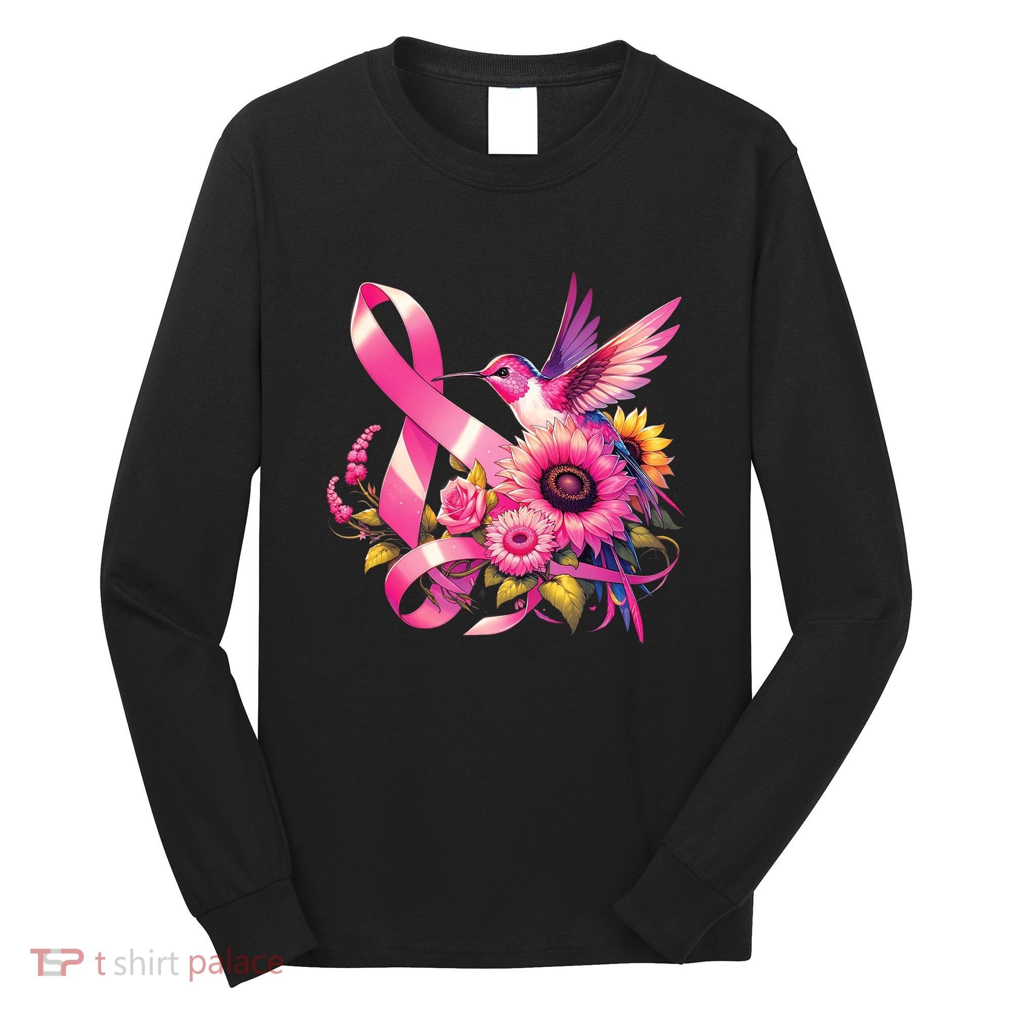 Pink_ Hummingbird Sunflower Breast Cancer Awareness Support Long Sleeve Shirt