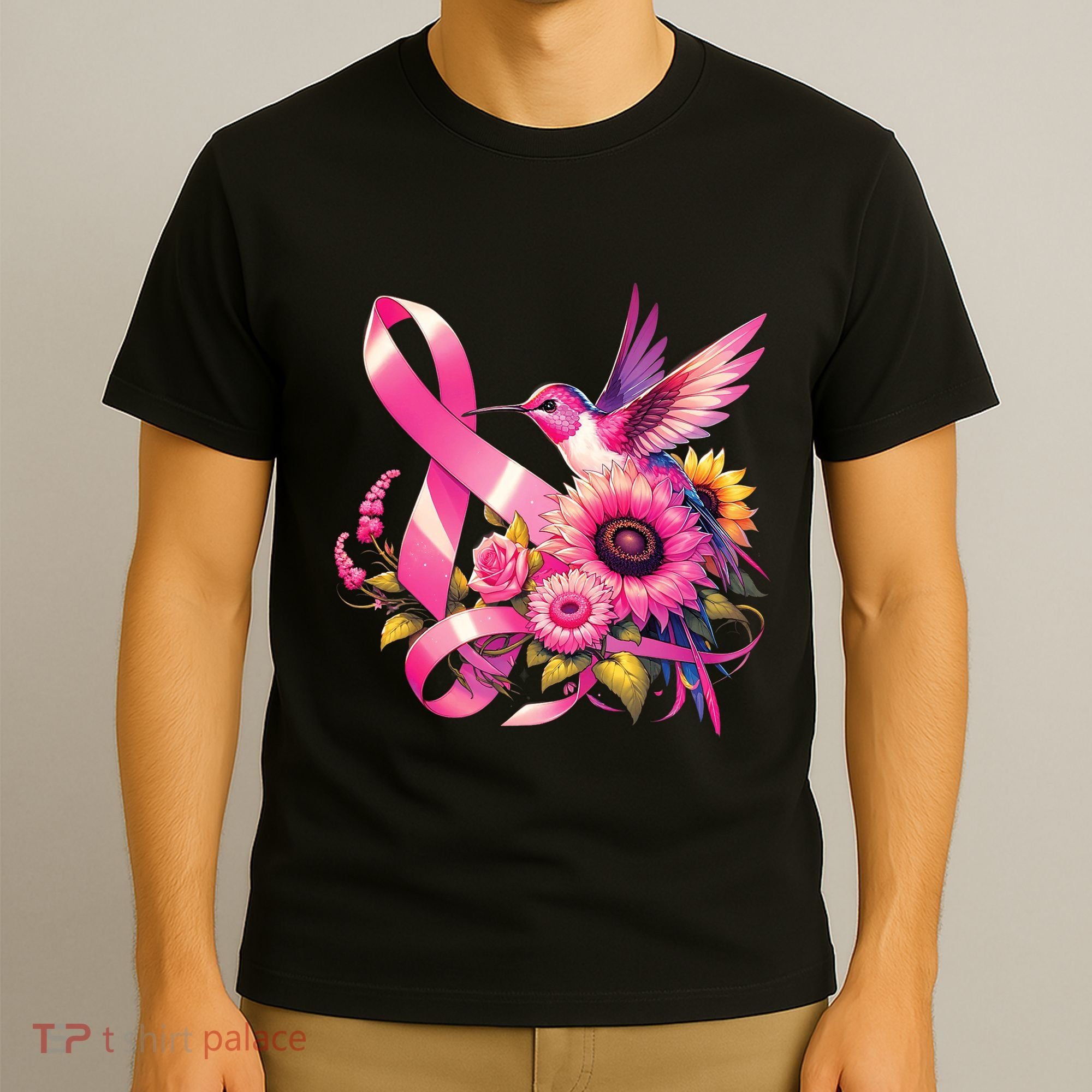 Pink_ Hummingbird Sunflower Breast Cancer Awareness Support T-Shirt