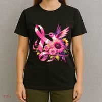 Pink_ Hummingbird Sunflower Breast Cancer Awareness Support T-Shirt thumb 4