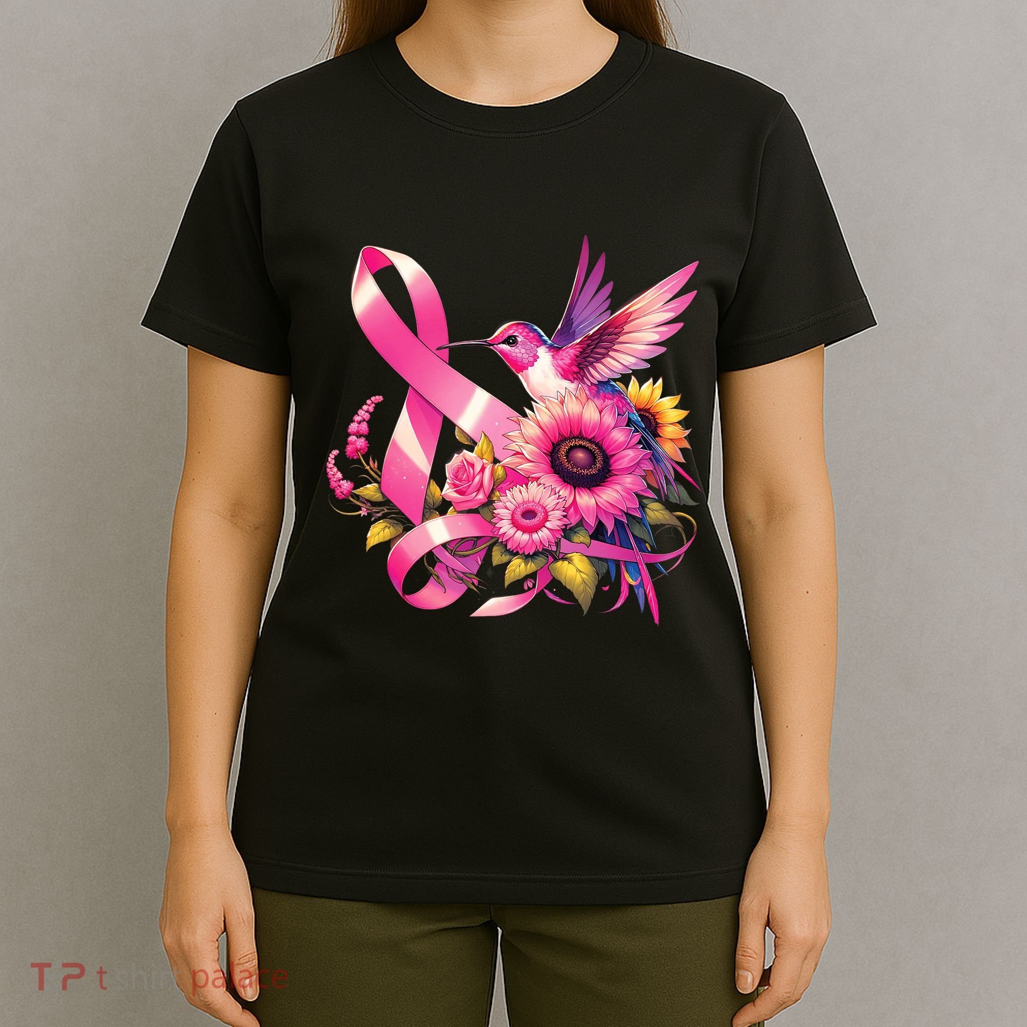 Pink_ Hummingbird Sunflower Breast Cancer Awareness Support T-Shirt