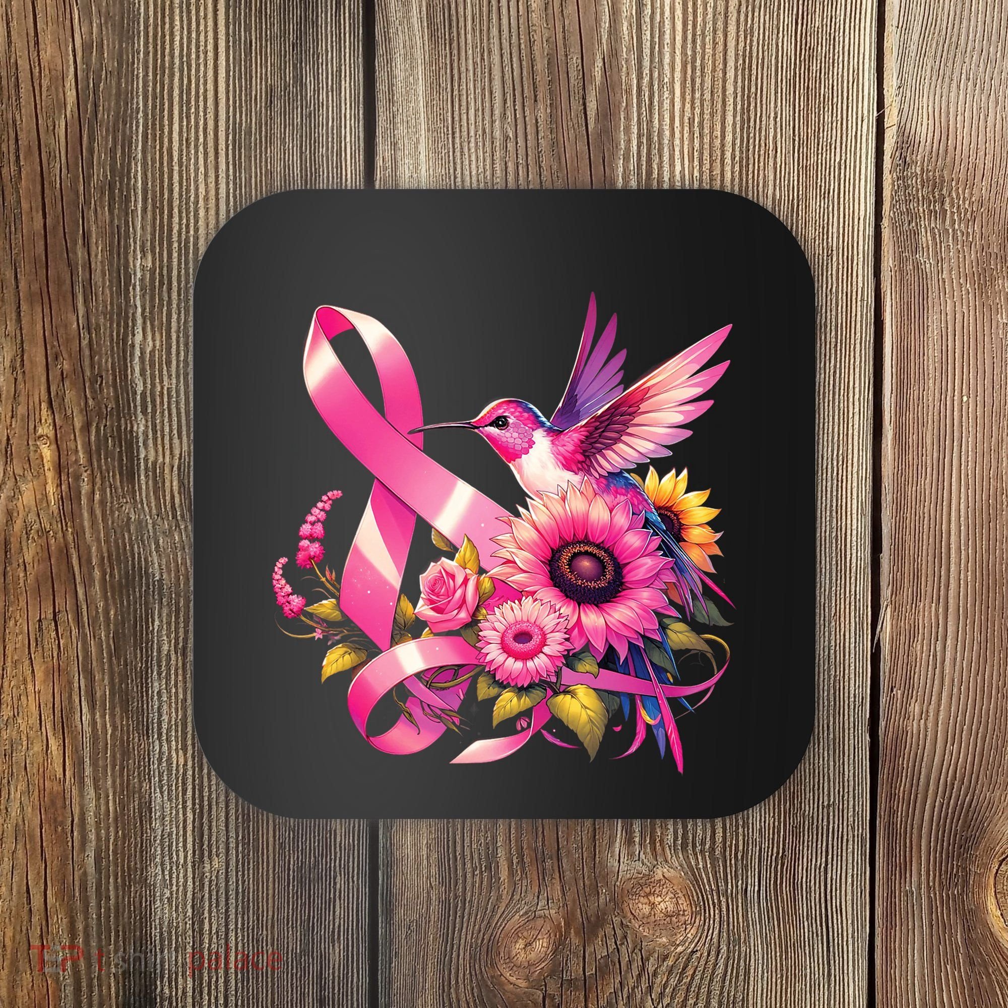 Pink_ Hummingbird Sunflower Breast Cancer Awareness Support Coaster