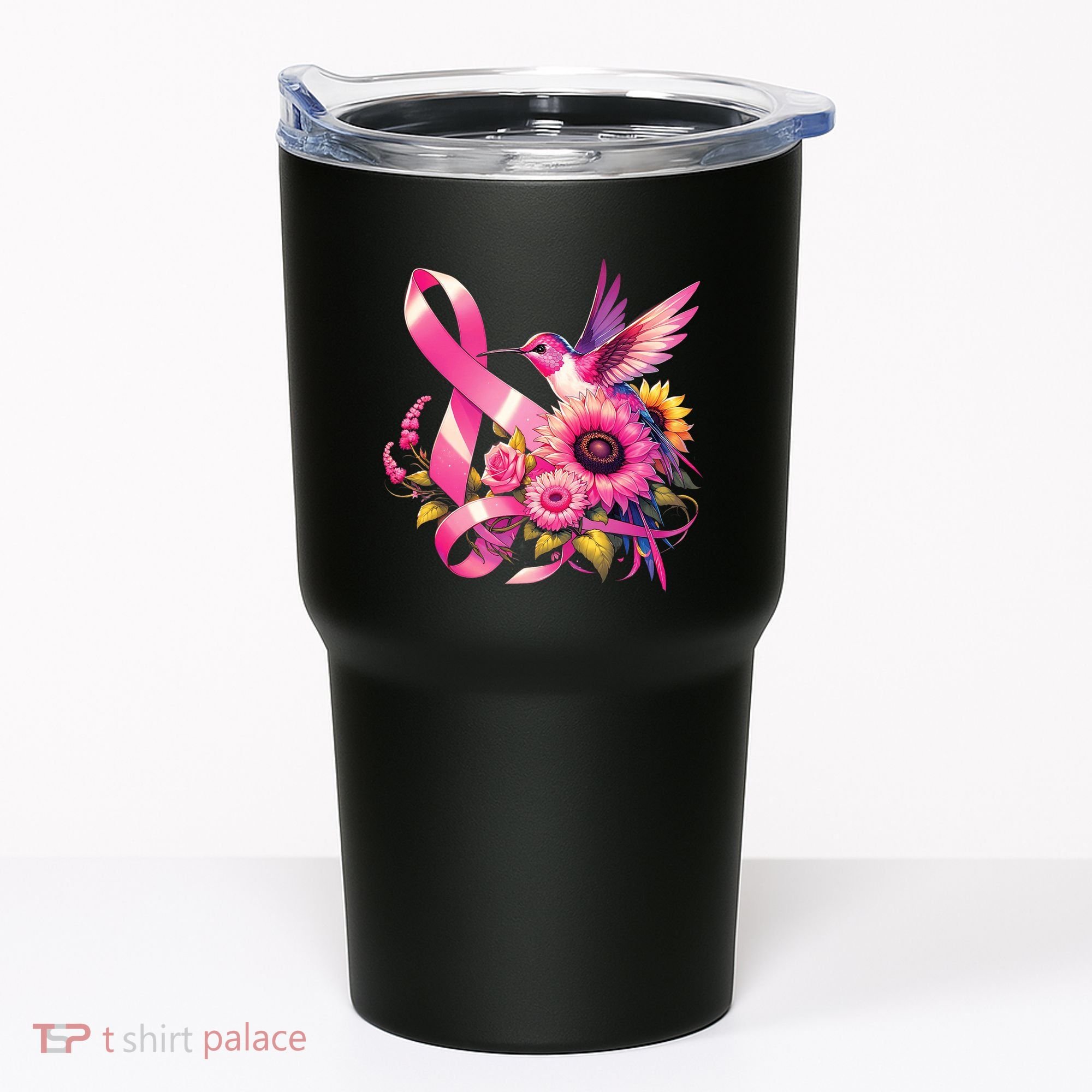 Pink_ Hummingbird Sunflower Breast Cancer Awareness Support Tumbler