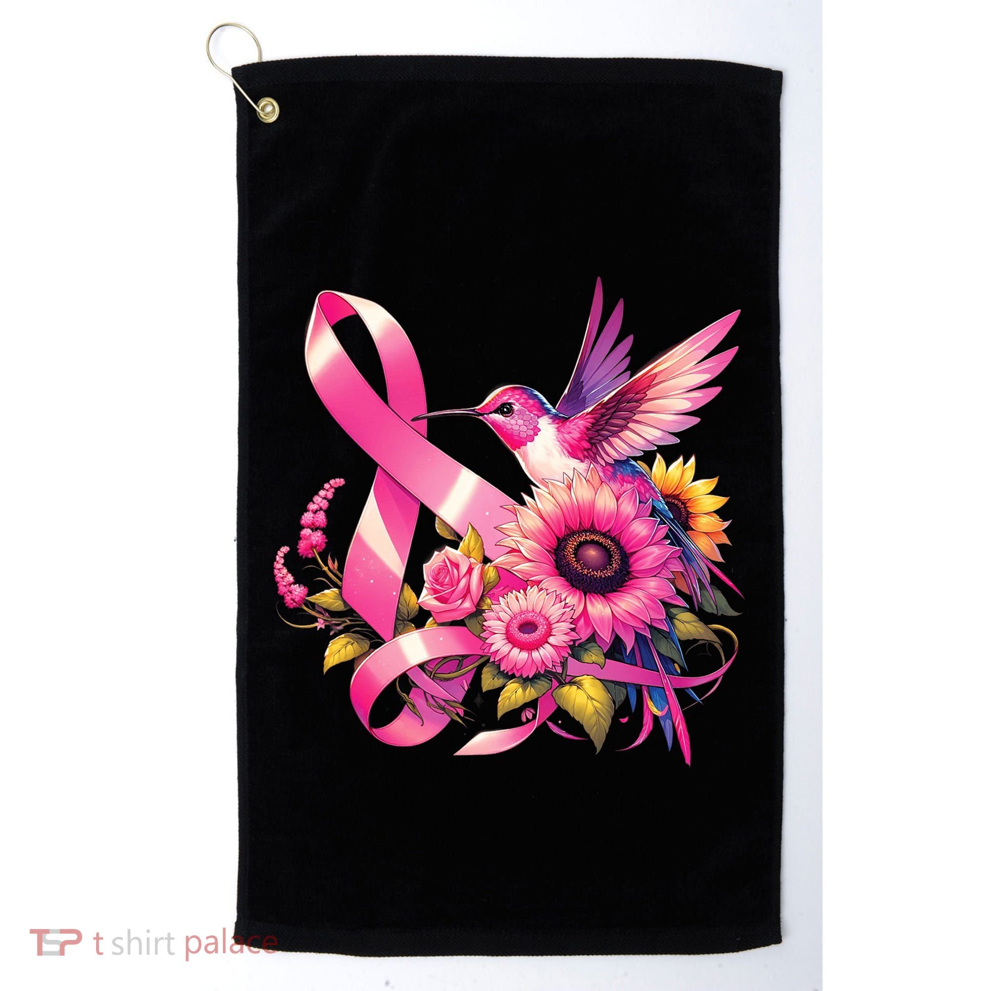 Pink_ Hummingbird Sunflower Breast Cancer Awareness Support Golf Towel