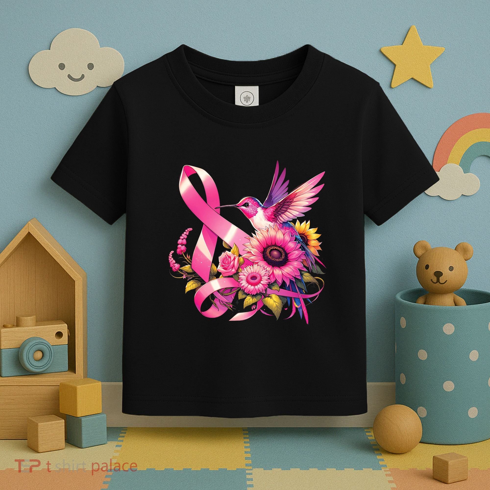 Pink_ Hummingbird Sunflower Breast Cancer Awareness Support Toddler T-Shirt