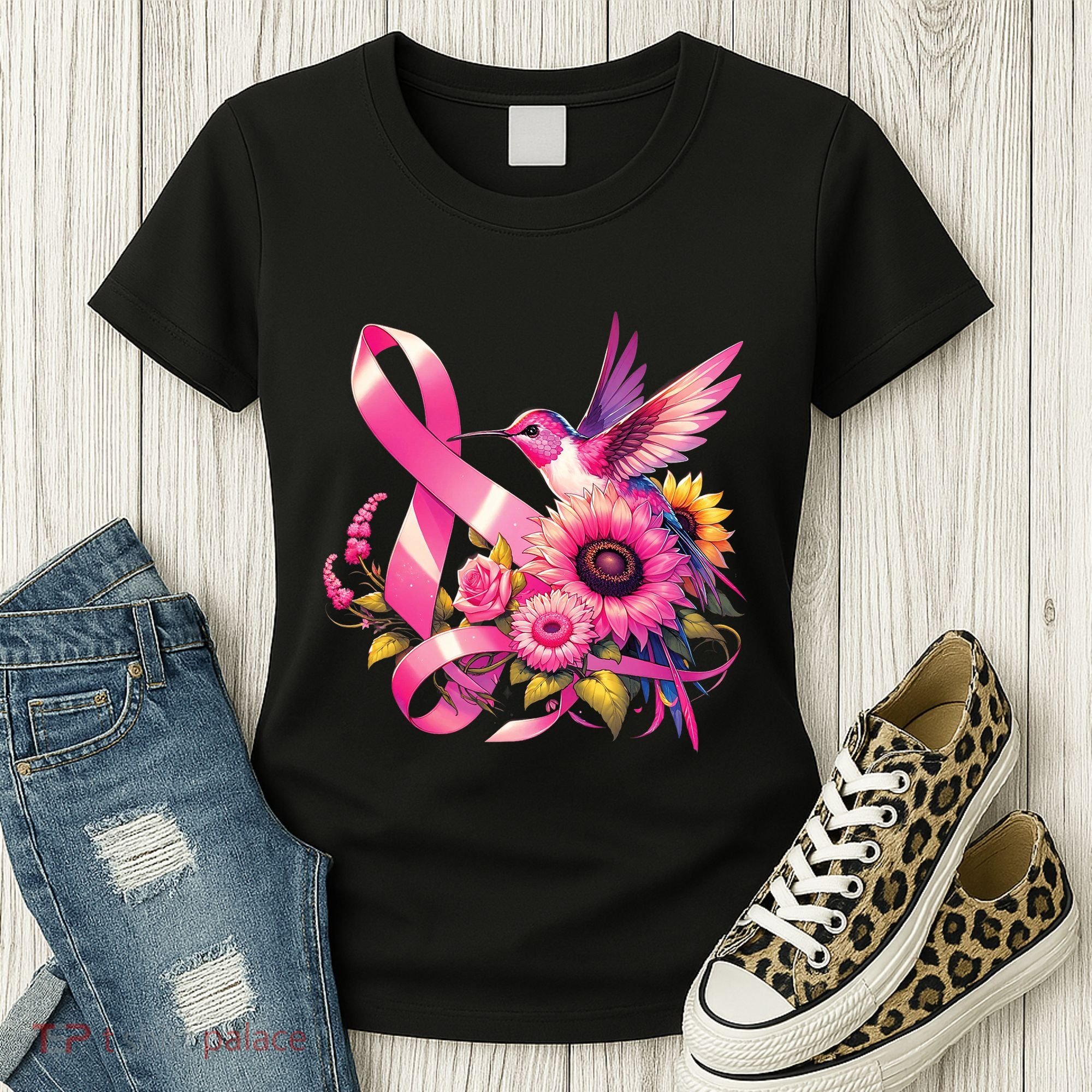 Pink_ Hummingbird Sunflower Breast Cancer Awareness Support Women's T-Shirt