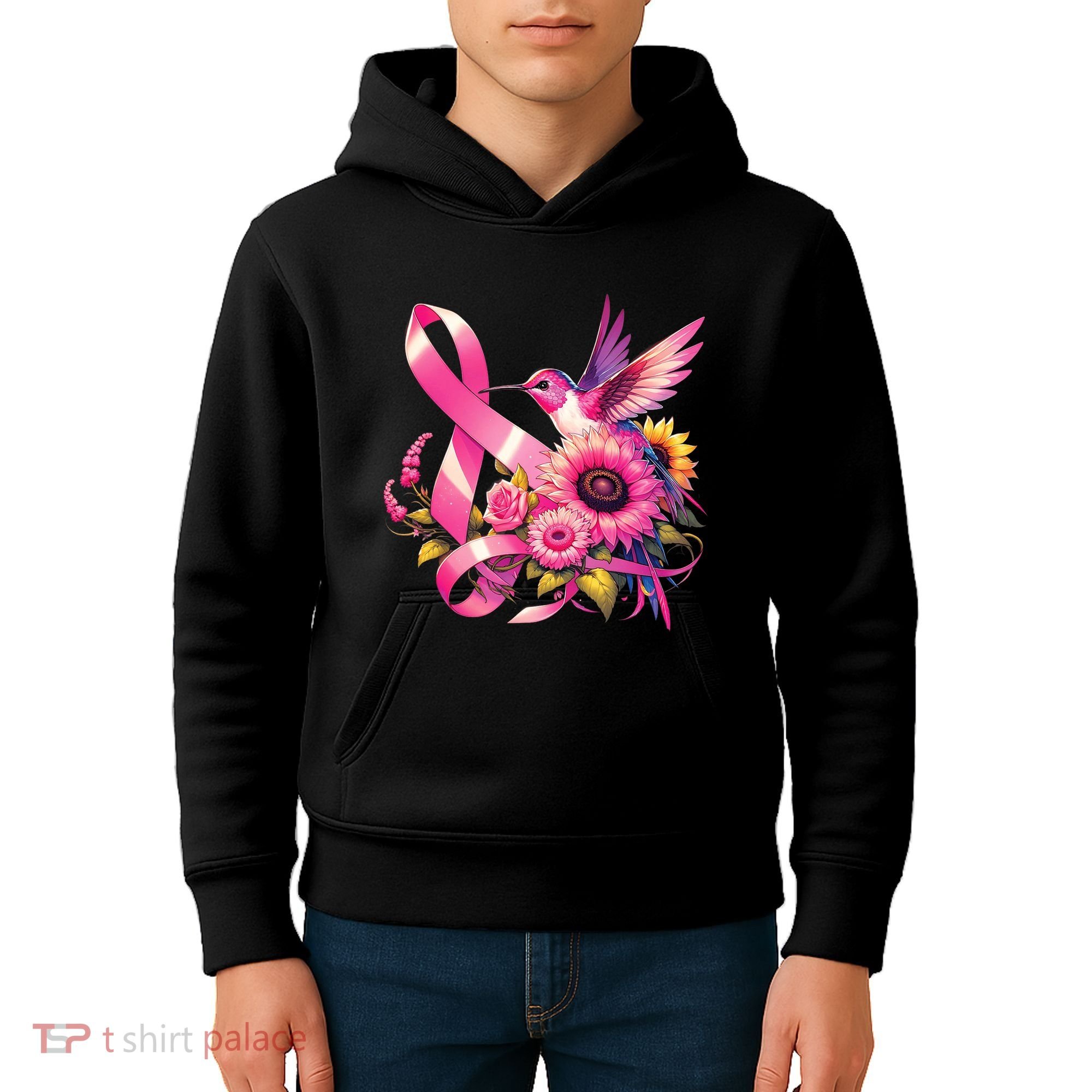 Pink_ Hummingbird Sunflower Breast Cancer Awareness Support Kids Hoodie