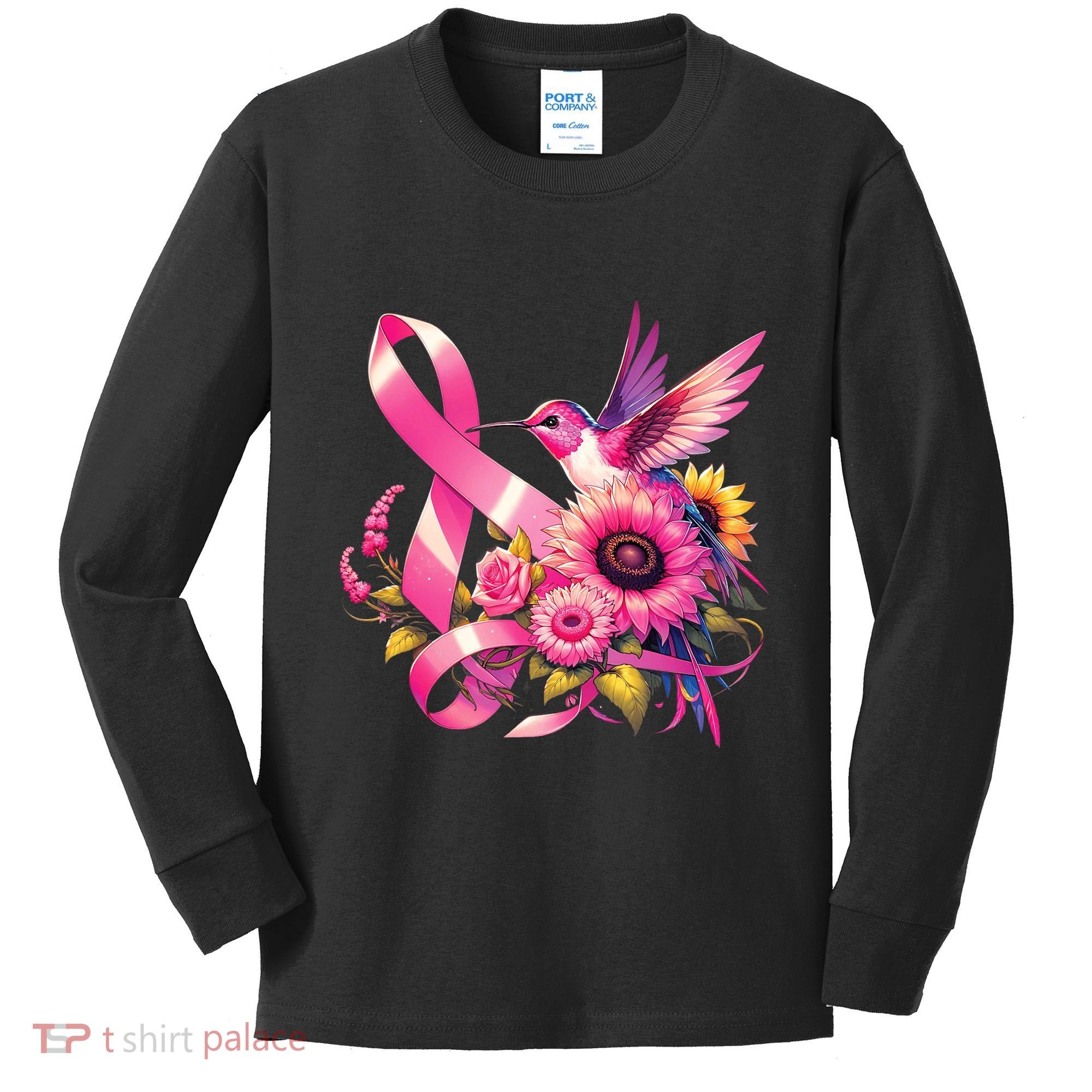 Pink_ Hummingbird Sunflower Breast Cancer Awareness Support Kids Long Sleeve Shirt