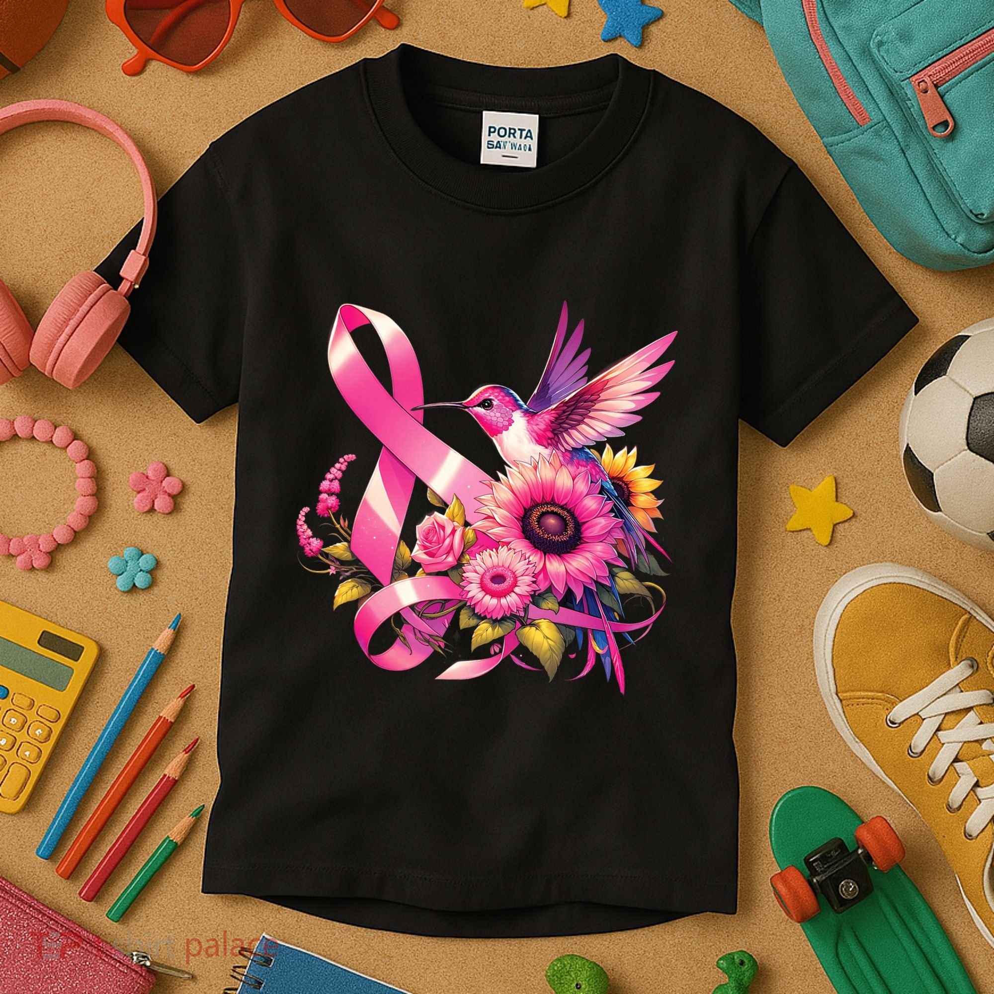 Pink_ Hummingbird Sunflower Breast Cancer Awareness Support Kids T-Shirt