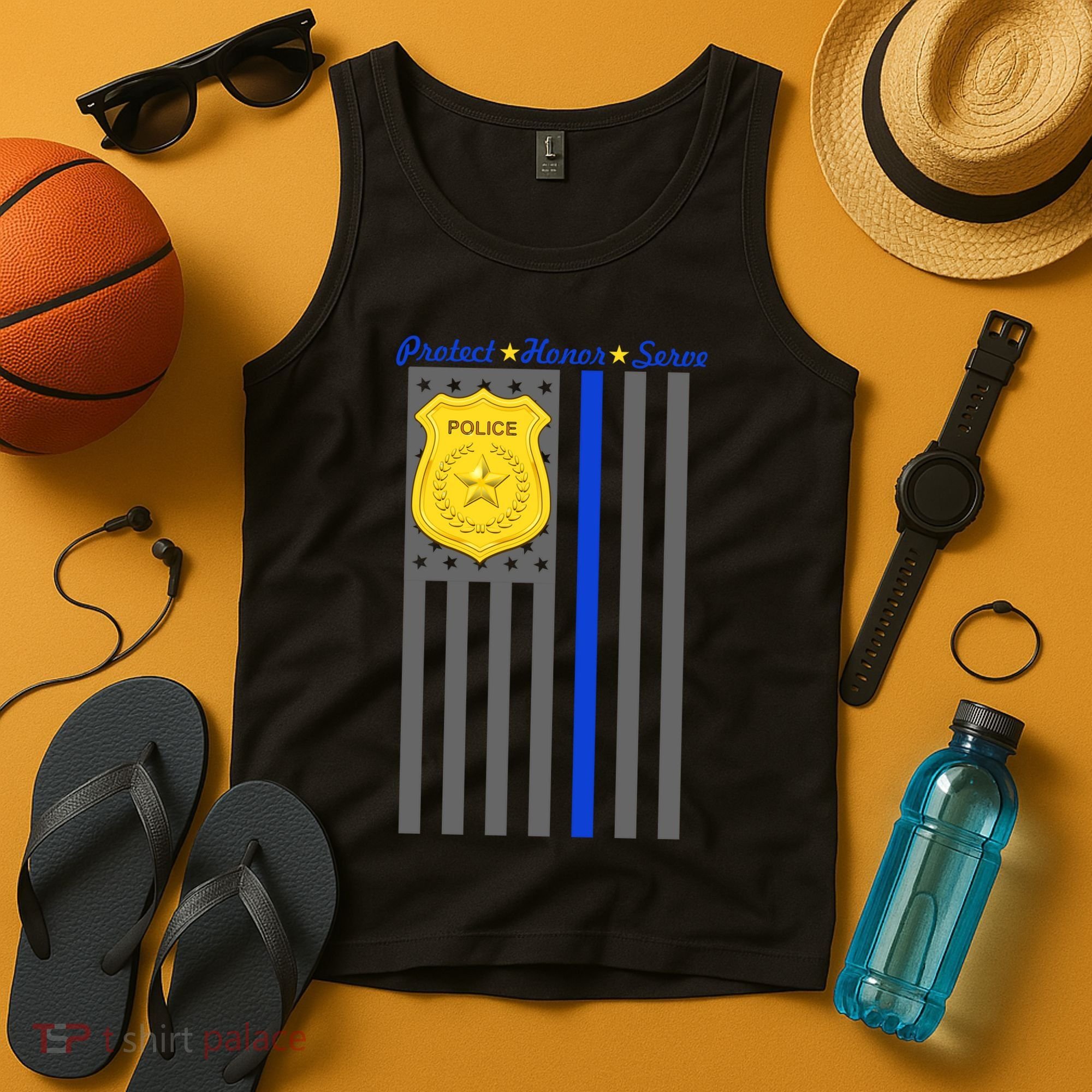 Protect Honor Serve Blue Striped Police Flag Tank Top