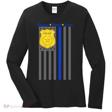 Protect Honor Serve Blue Striped Police Flag Women's Long Sleeve Shirt