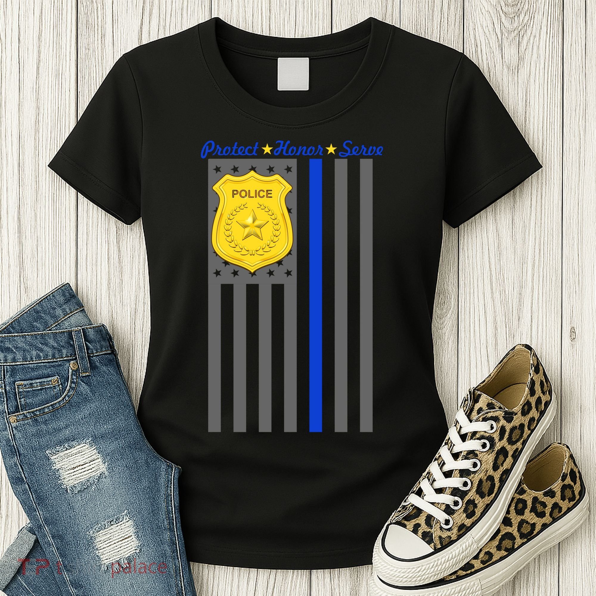 Protect Honor Serve Blue Striped Police Flag Women's T-Shirt