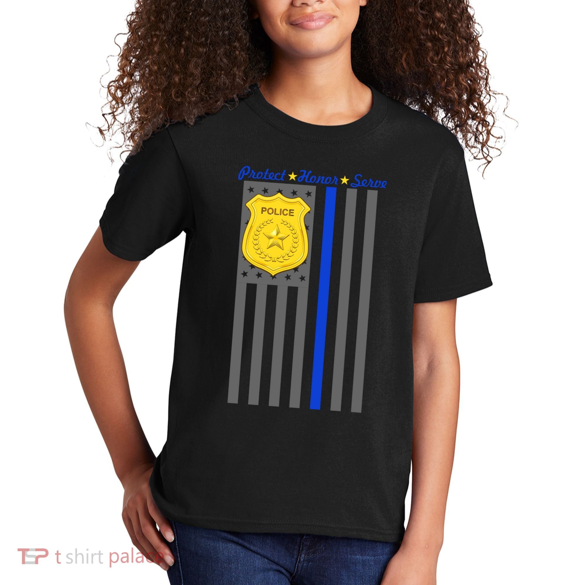 Protect Honor Serve Blue Striped Police Flag Kids T-Shirt