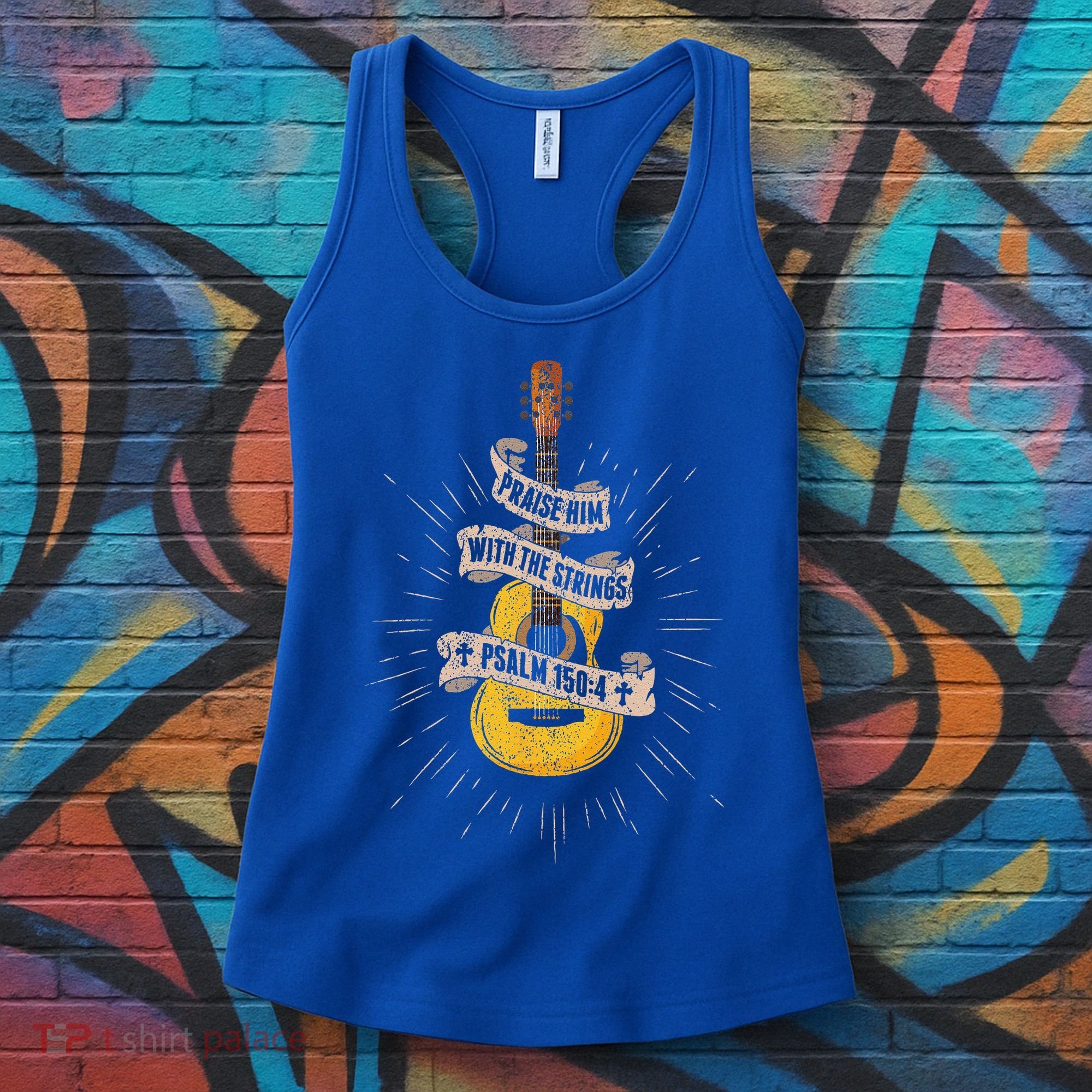 Praise Him With The Strings Jesus Acoustic Guitar Christian Women's Tank Top