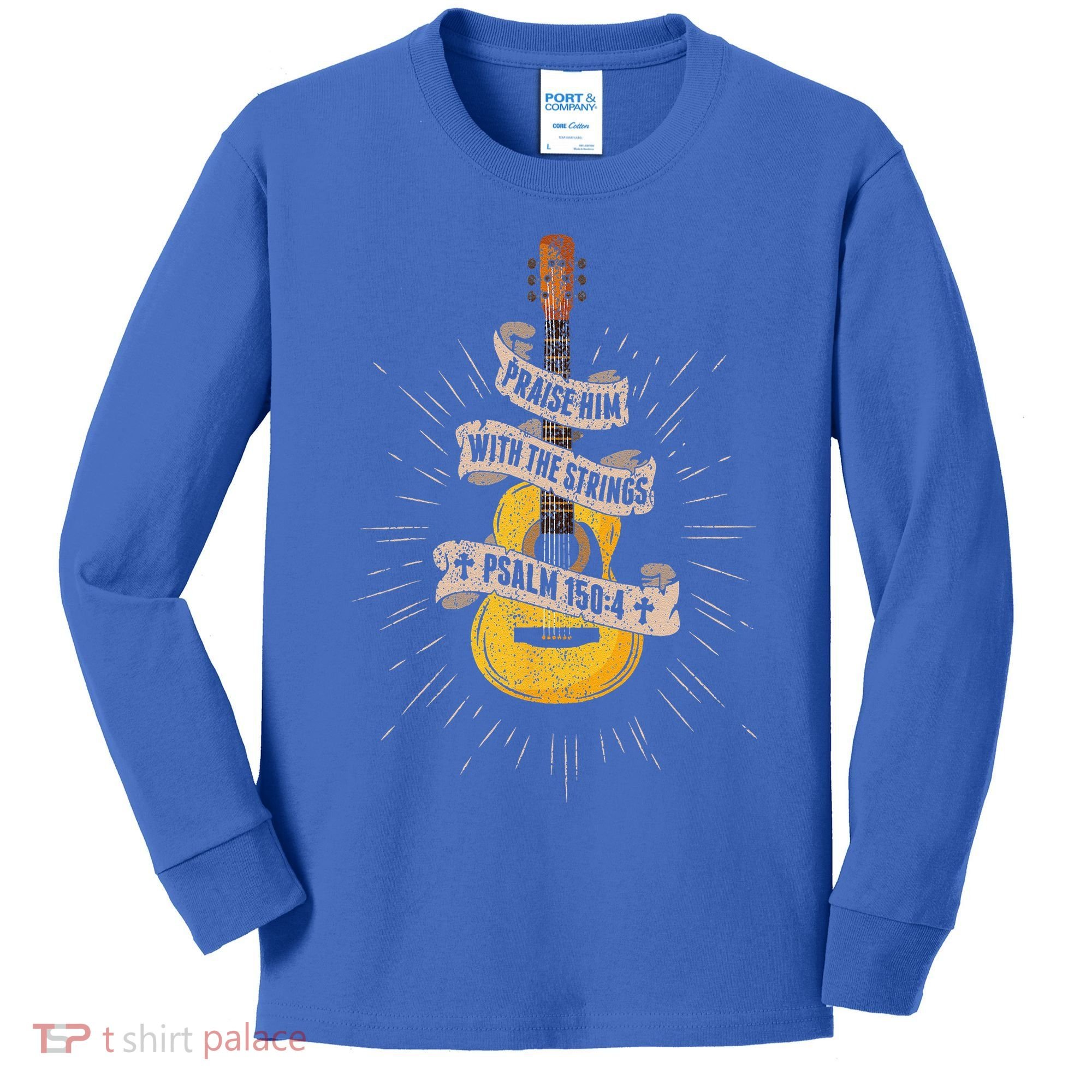 Praise Him With The Strings Jesus Acoustic Guitar Christian Kids Long Sleeve Shirt