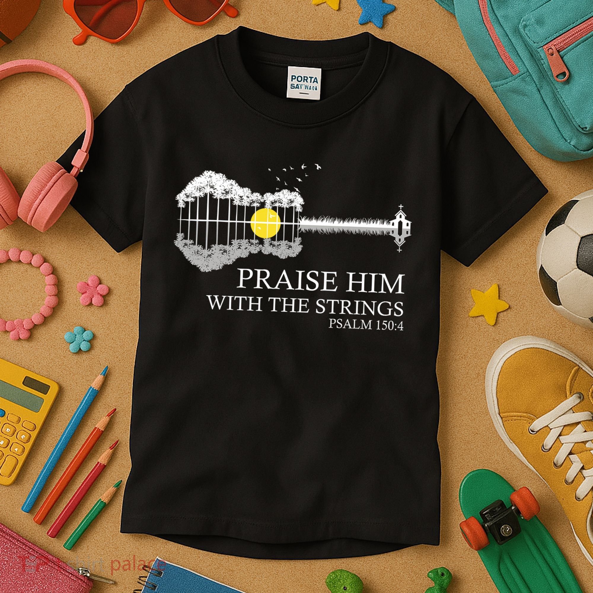 Praise Him With The Strings Christian Guitar Player Kids T-Shirt