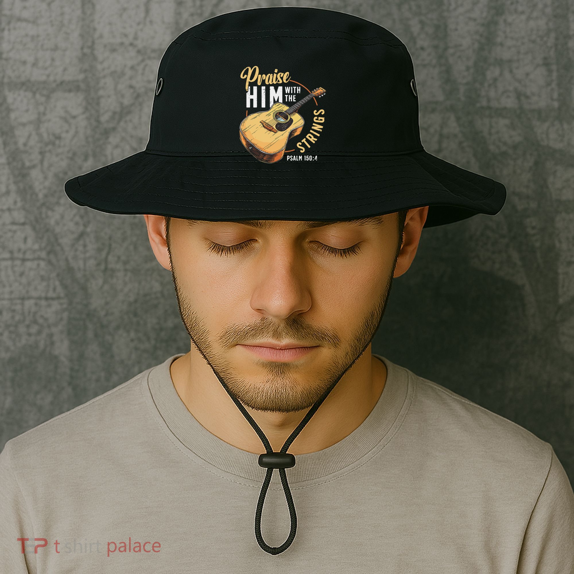 Praise Him With The Strings Bible Psalm Christian Guitar Bucket Hat