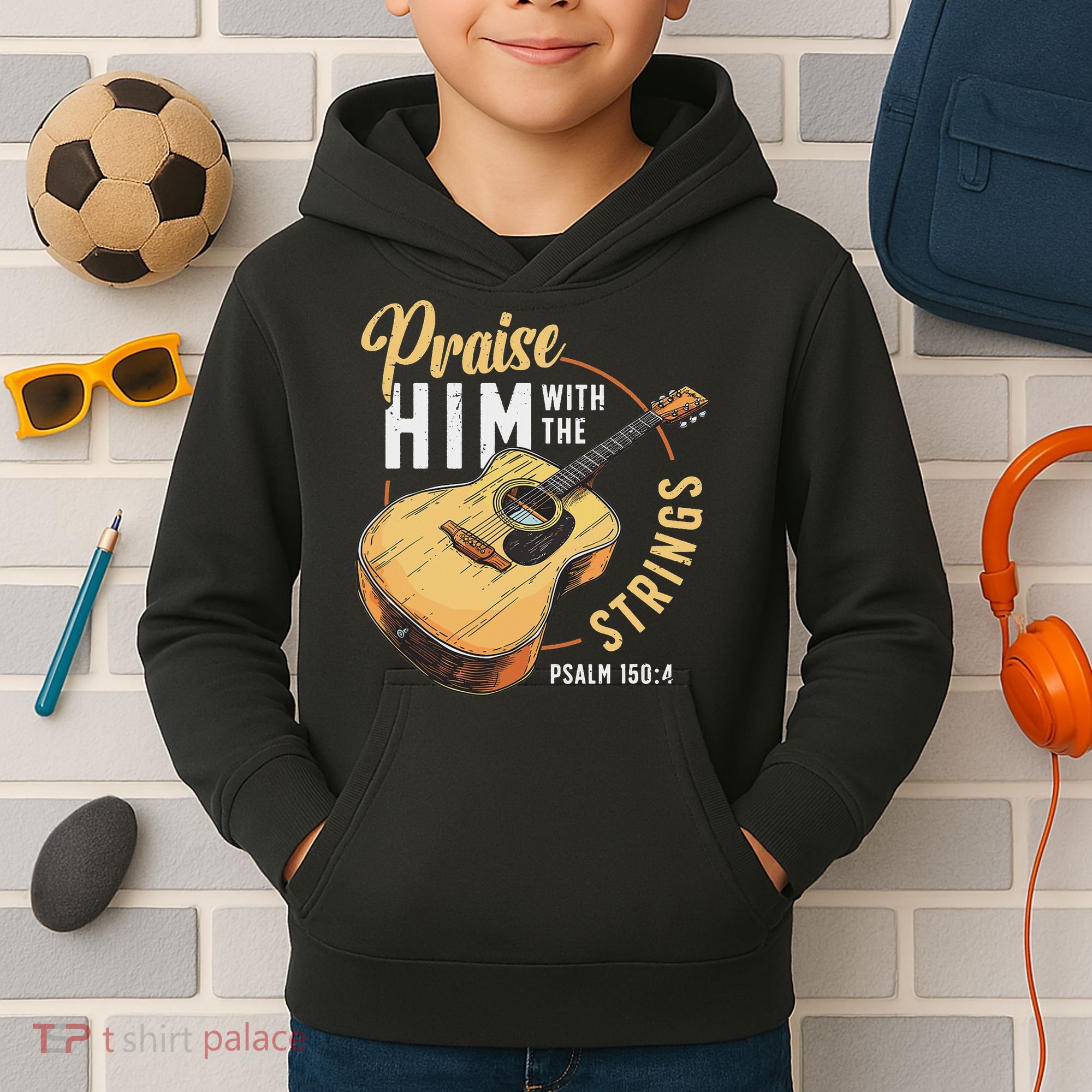 Praise Him With The Strings Bible Psalm Christian Guitar Kids Hoodie
