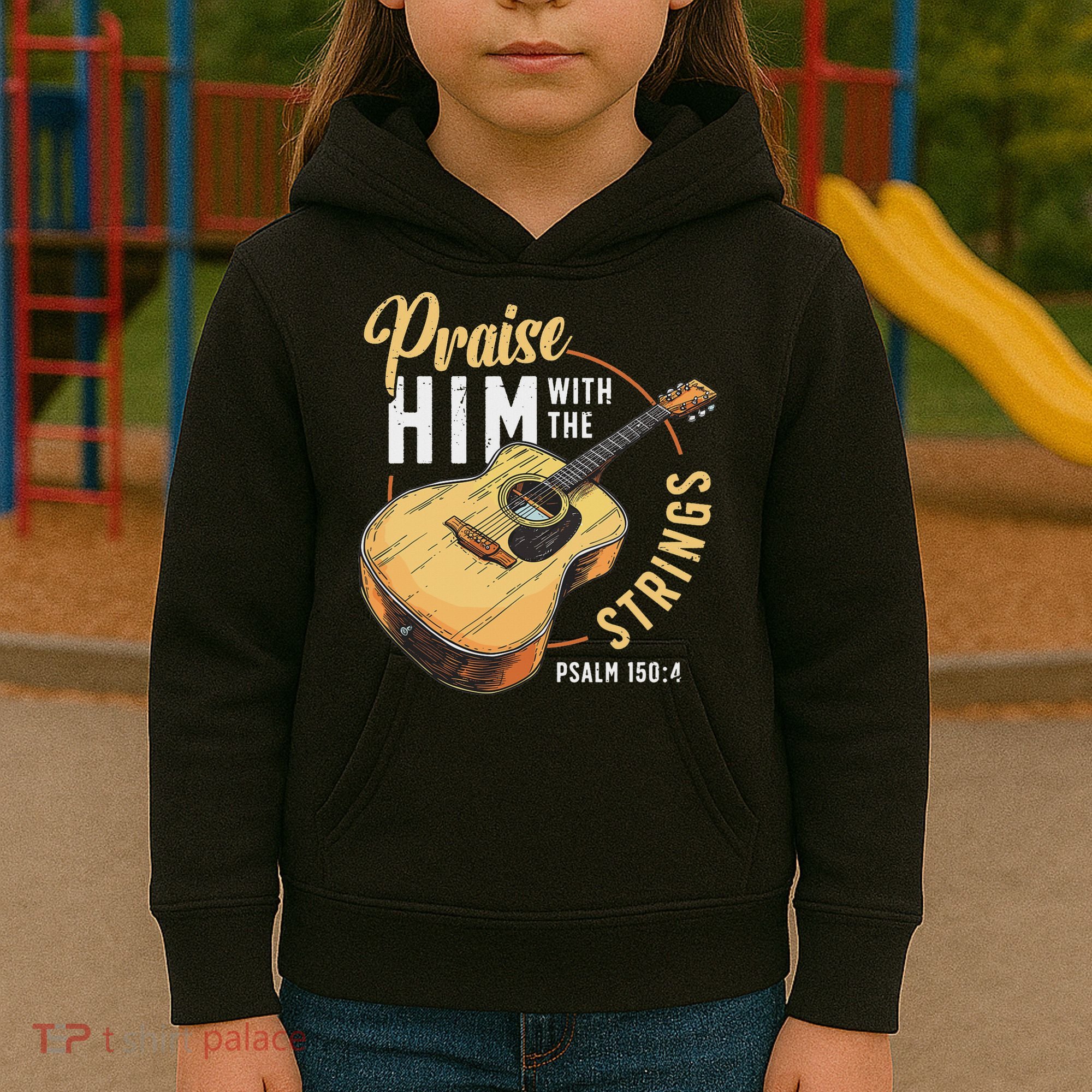 Praise Him With The Strings Bible Psalm Christian Guitar Kids Hoodie
