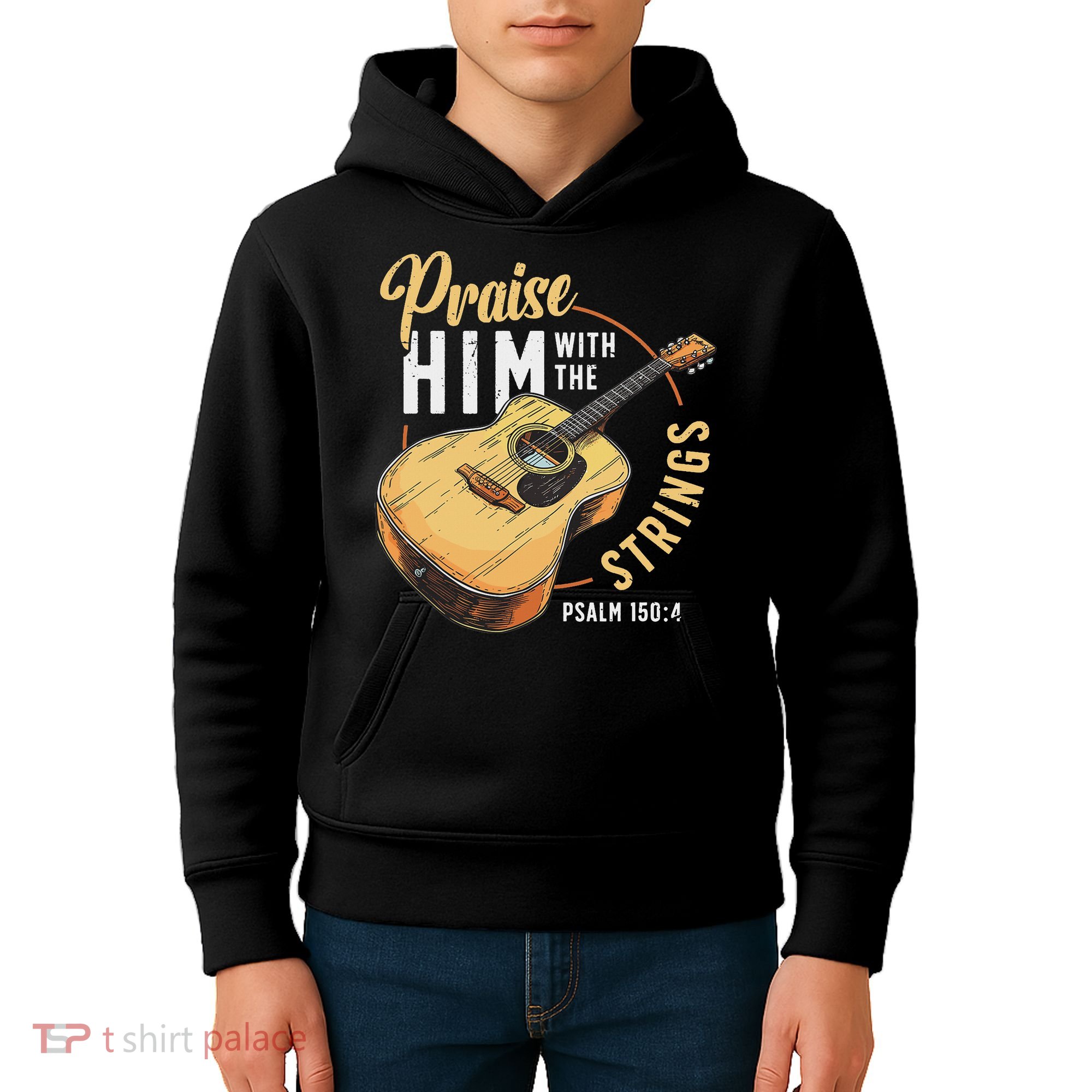 Praise Him With The Strings Bible Psalm Christian Guitar Kids Hoodie