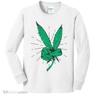Peace Hand Weed Cool Marijuana Leaf Peace Sign Kids Long Sleeve Shirt