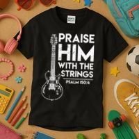Praise Him With The Strings Guitar Christian Guitarist Guitar Player Kids T-Shirt thumb 3
