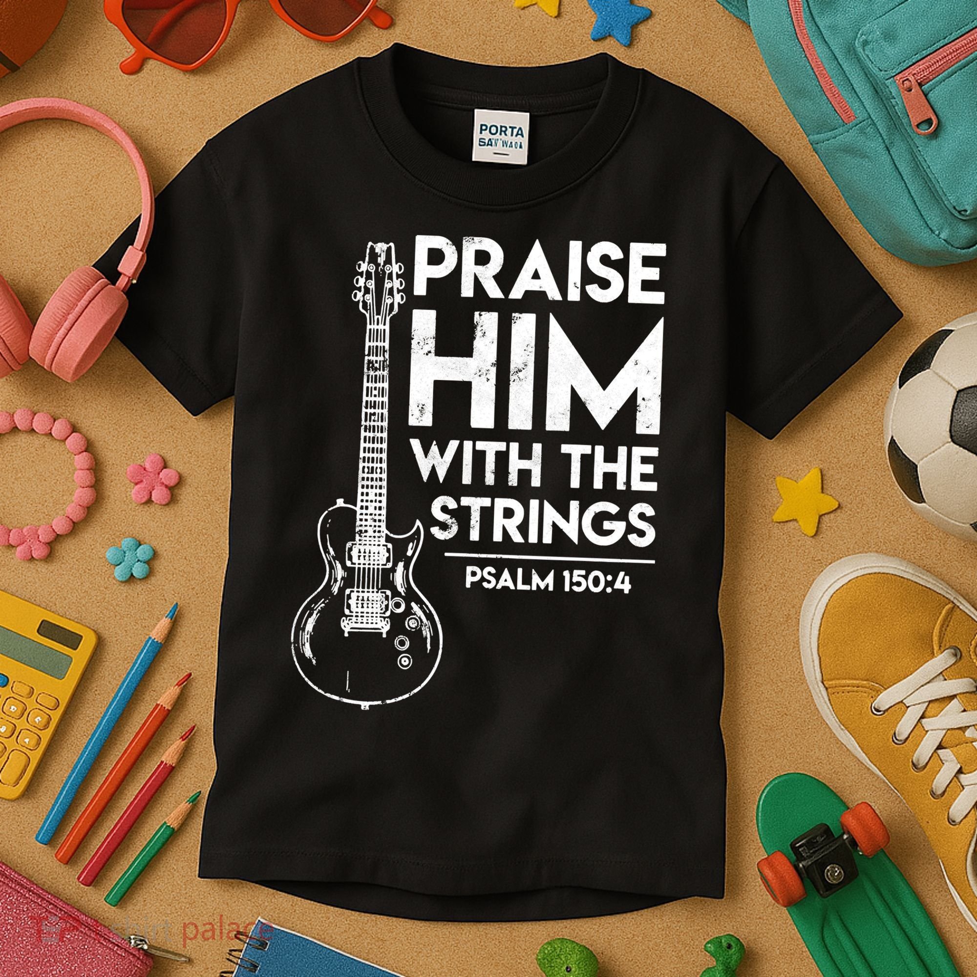 Praise Him With The Strings Guitar Christian Guitarist Guitar Player Kids T-Shirt
