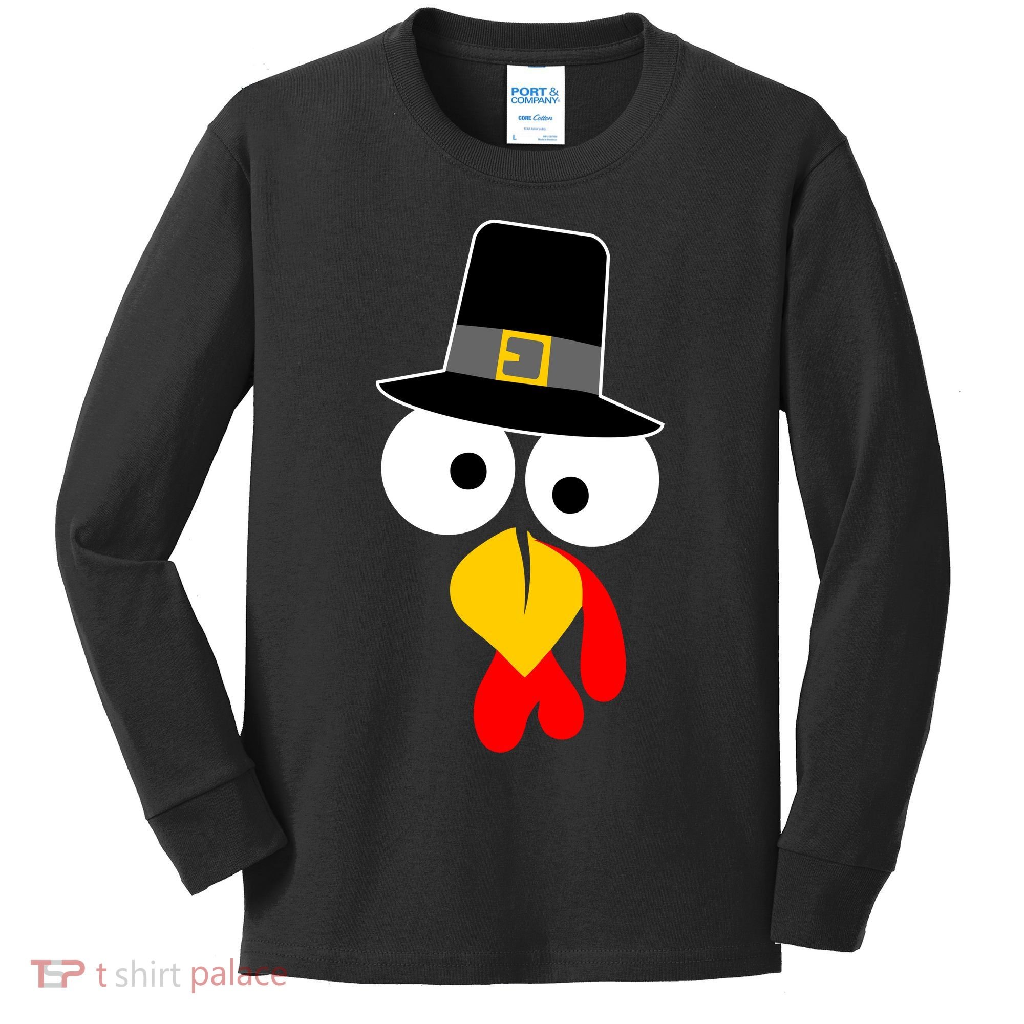 Pilgrim Turkey Big Face Thanksgiving Kids Long Sleeve Shirt