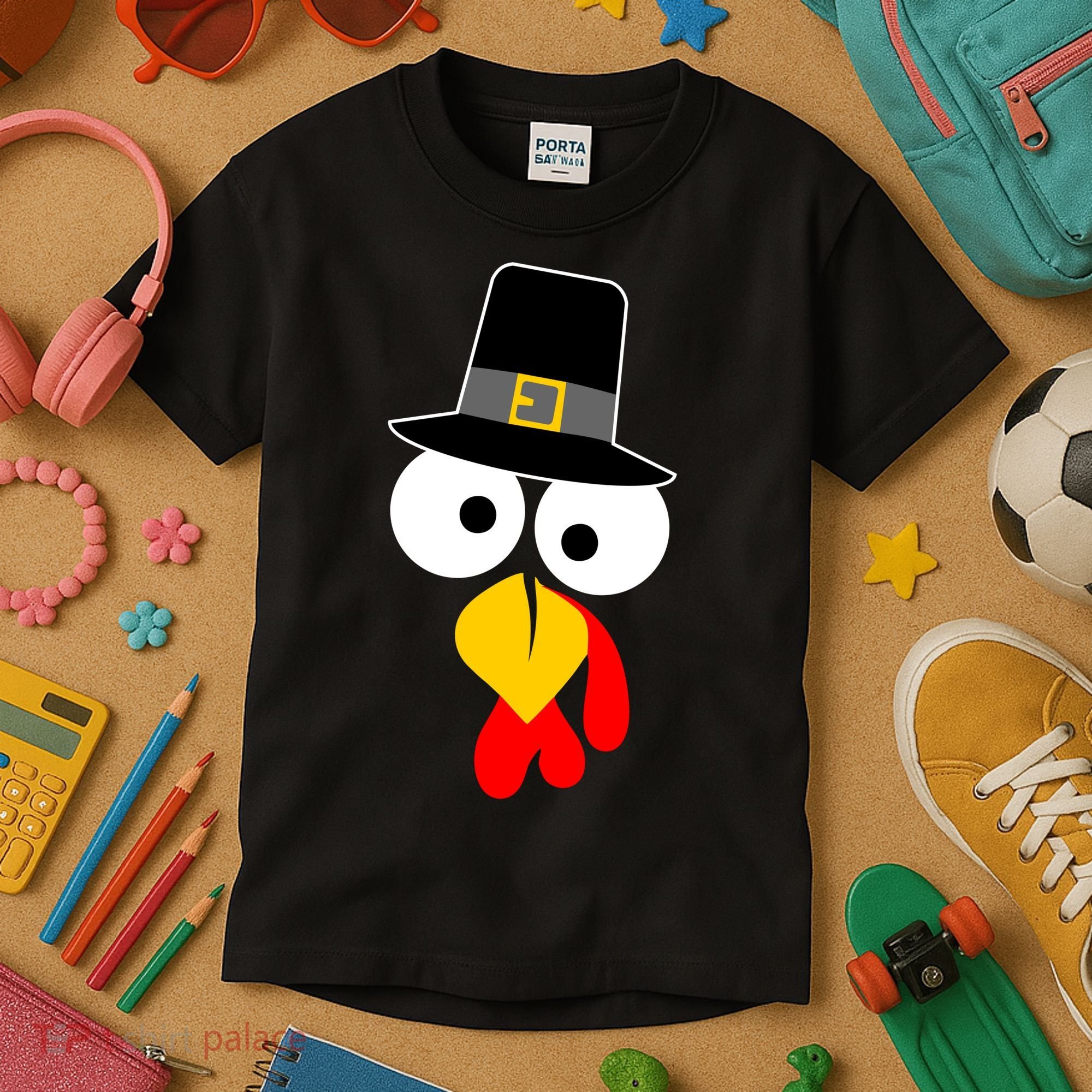 Pilgrim Turkey Big Face Thanksgiving Kids T-Shirt