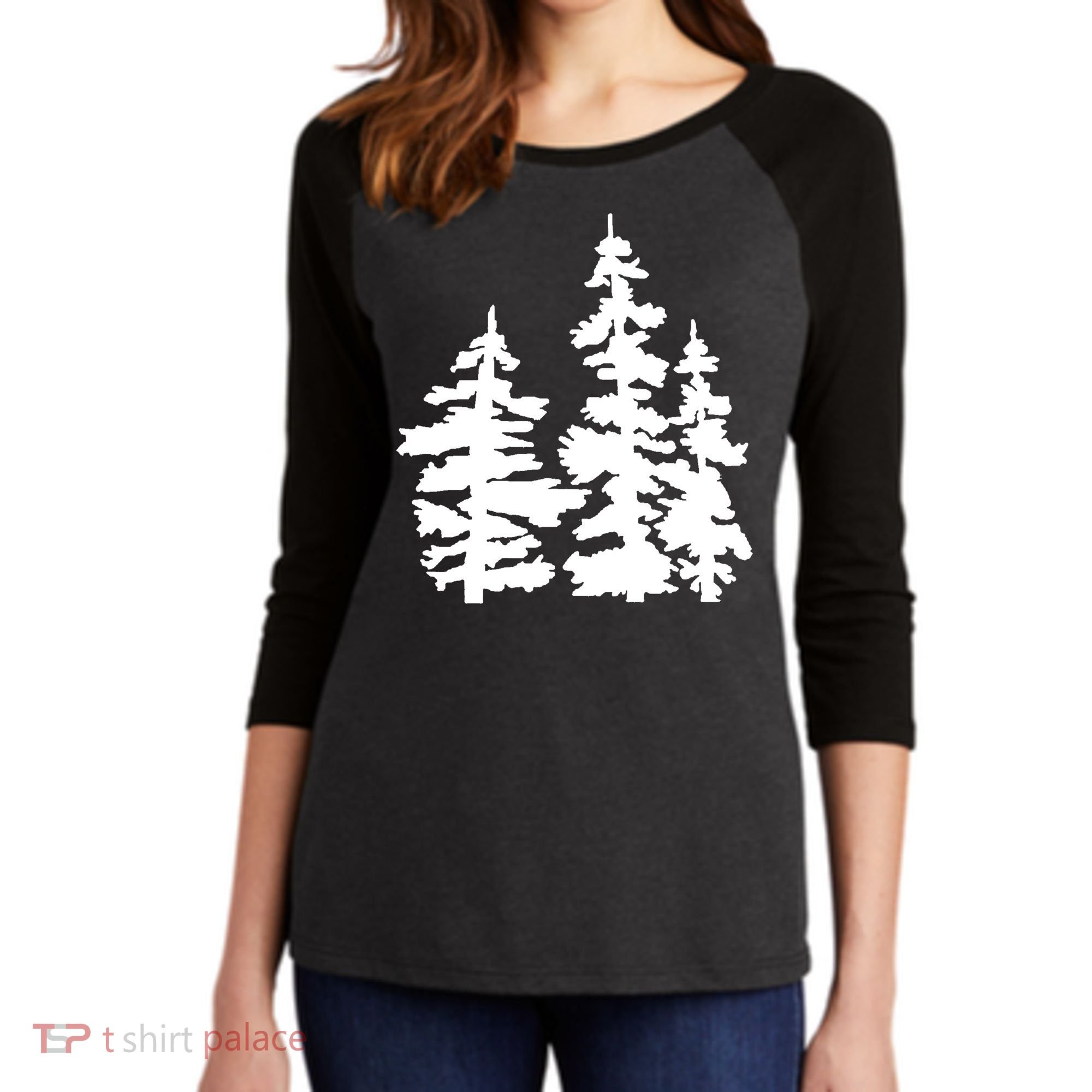 Pine Trees Illustration Women's Tri-Blend 3/4-Sleeve Raglan Shirt