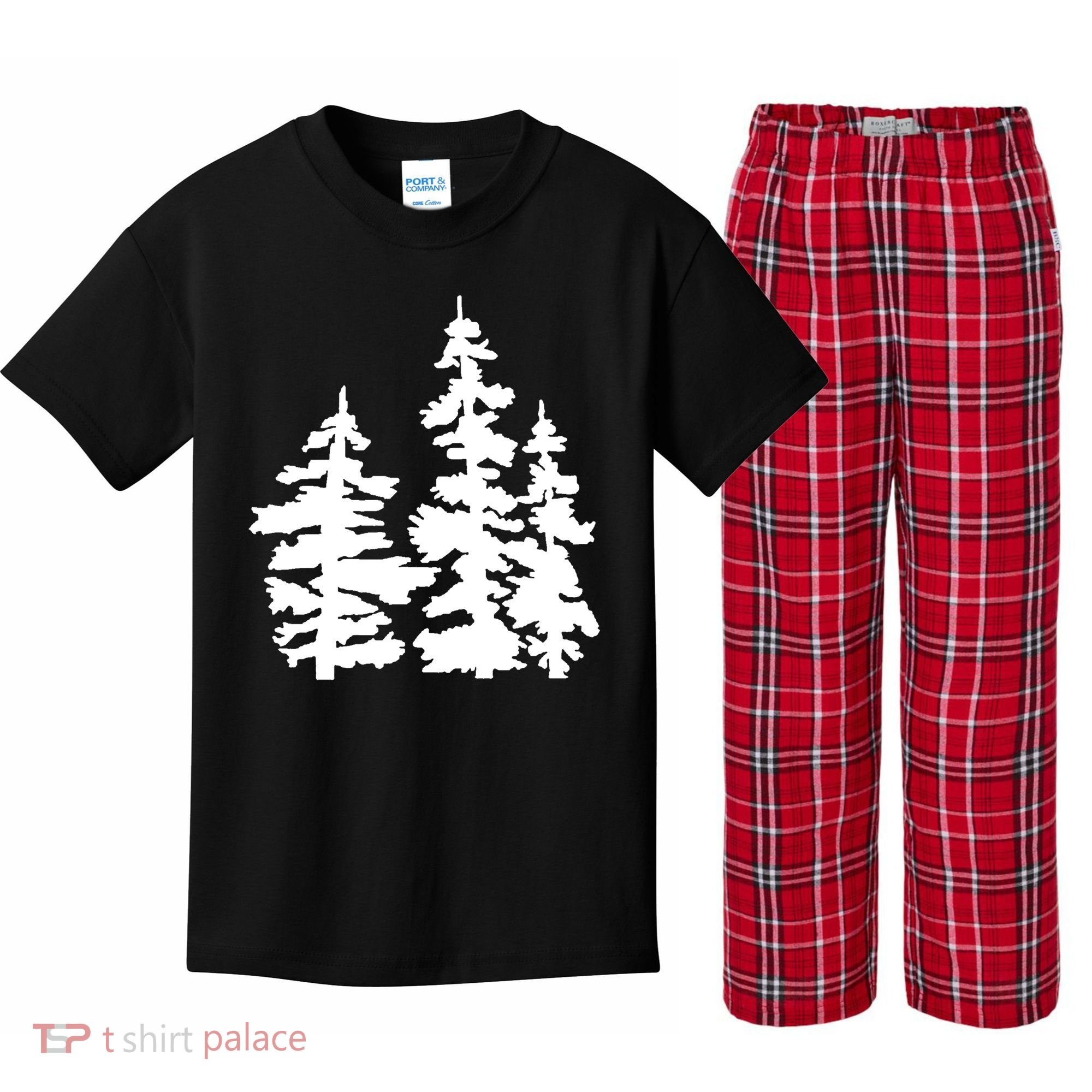 Pine Trees Illustration Kids Plaid Pajama Set