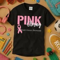 Pink And Strong Breast Cancer Awareness Kids T-Shirt thumb 3